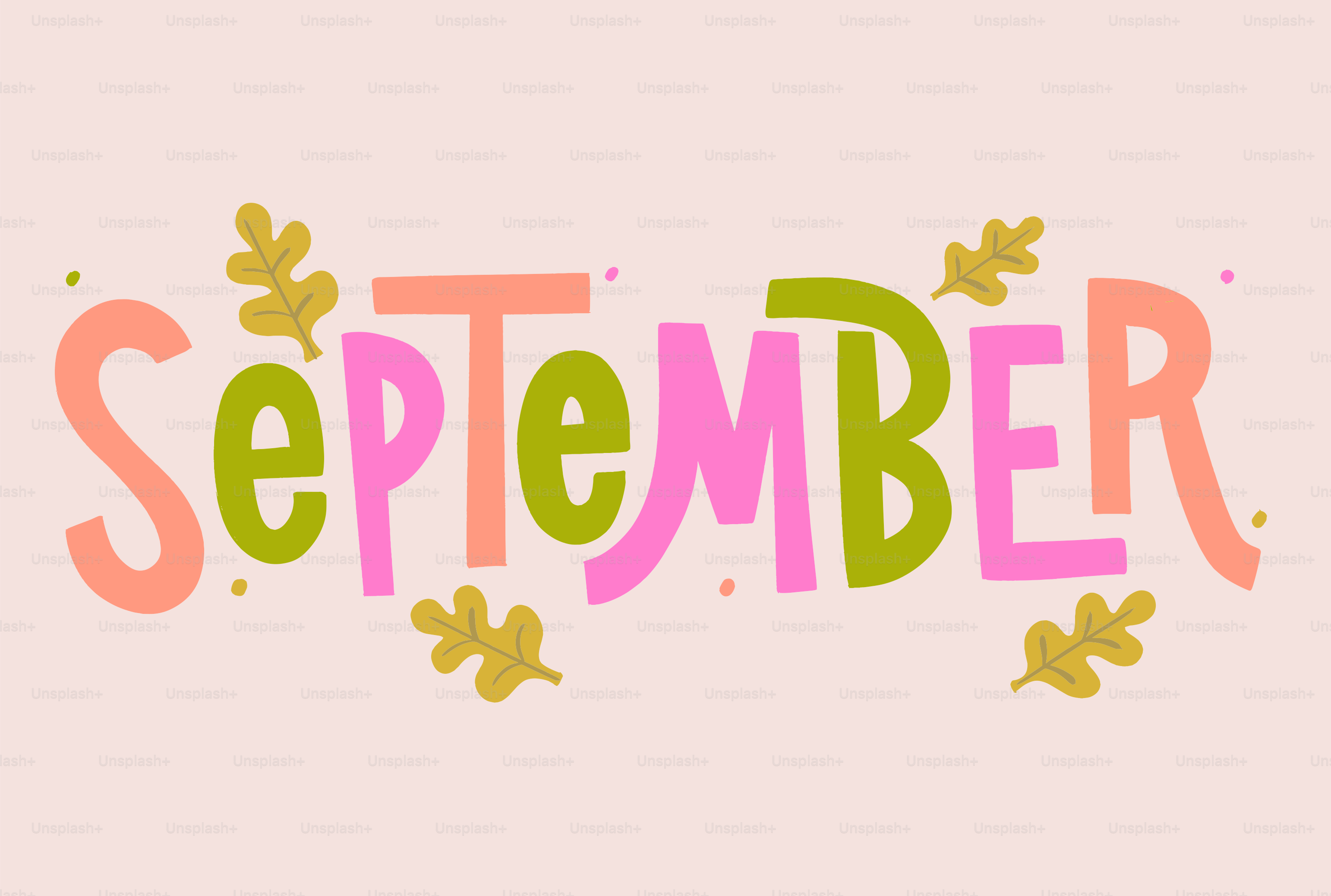 Hand-drawn lettering of the word september with autumn leaves