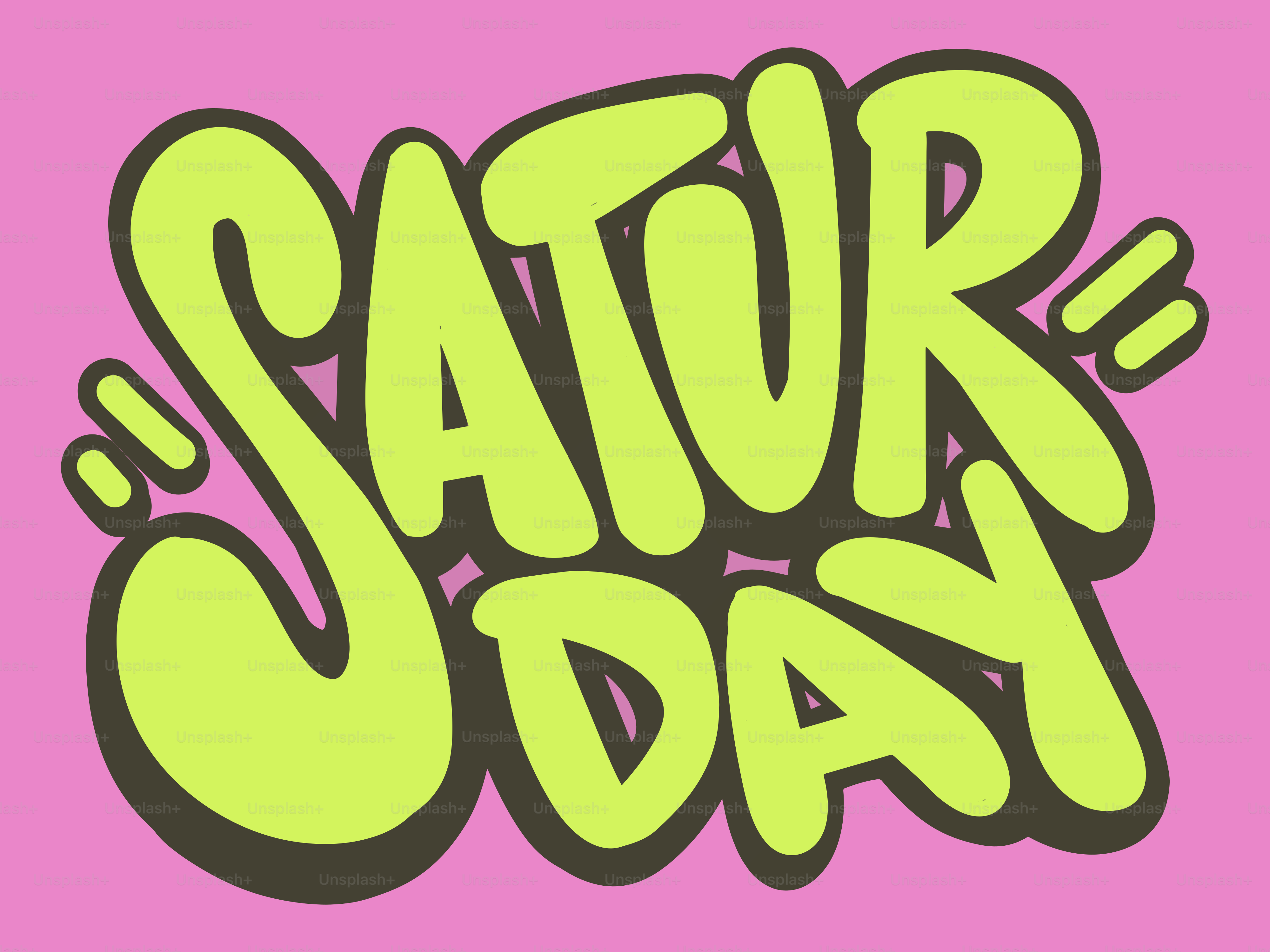 Graffiti style text spelling "saturday" on pink background