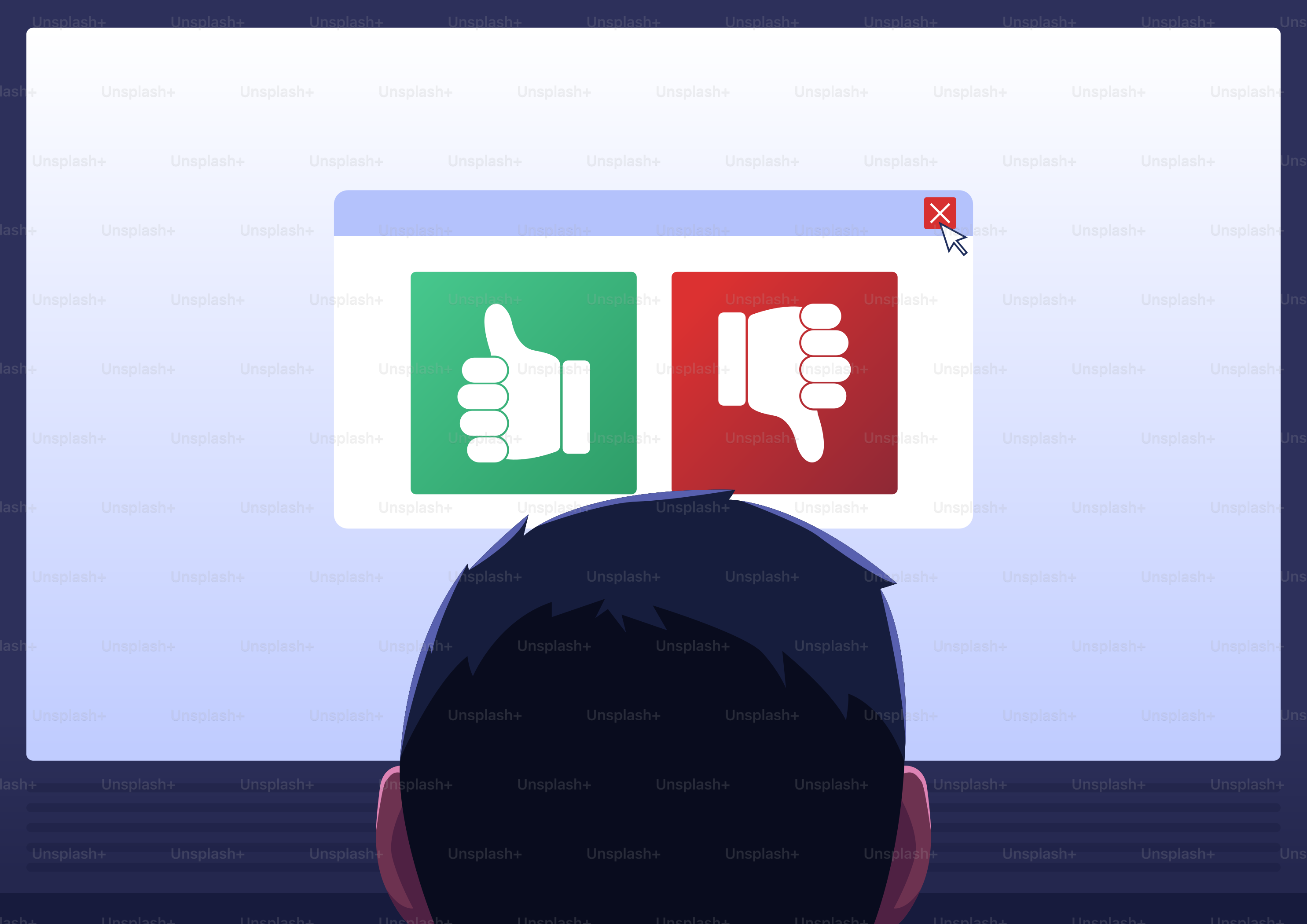 Person, die auf einen Bildschirm mit Like- und Dislike-Icons schaut.