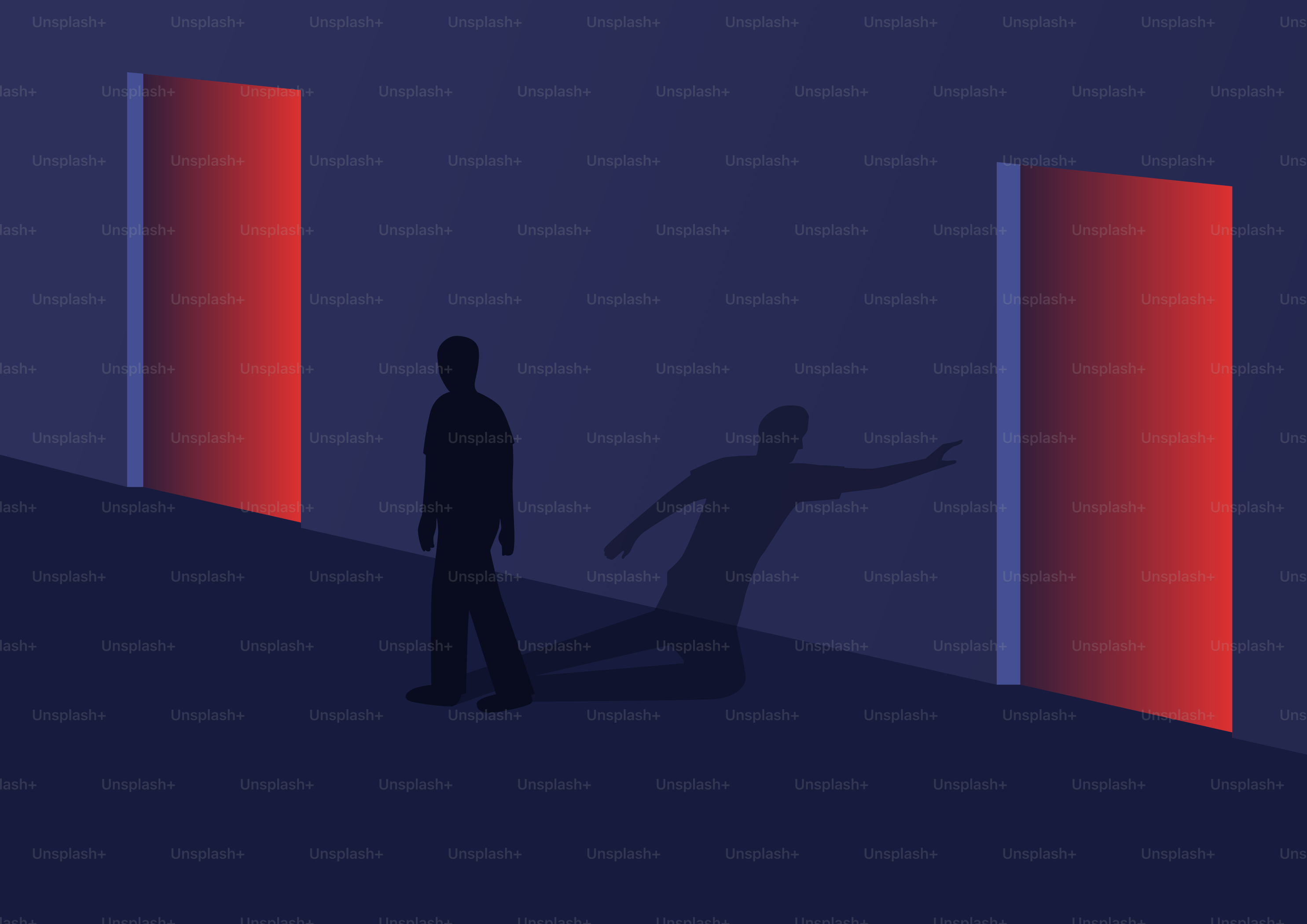 Silhueta de um homem estendendo a mão para uma porta vermelha brilhante.