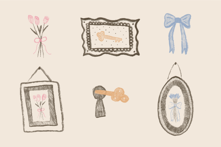 A collection of vintage decorative items and keys.