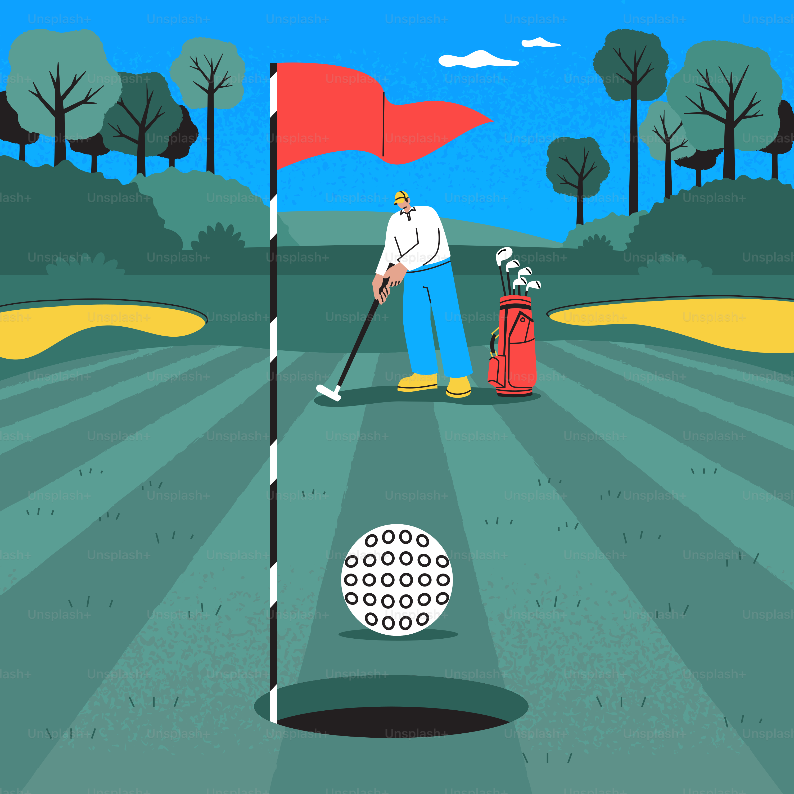 グリーンに旗とホールがあるゴルファーがパッティングしている