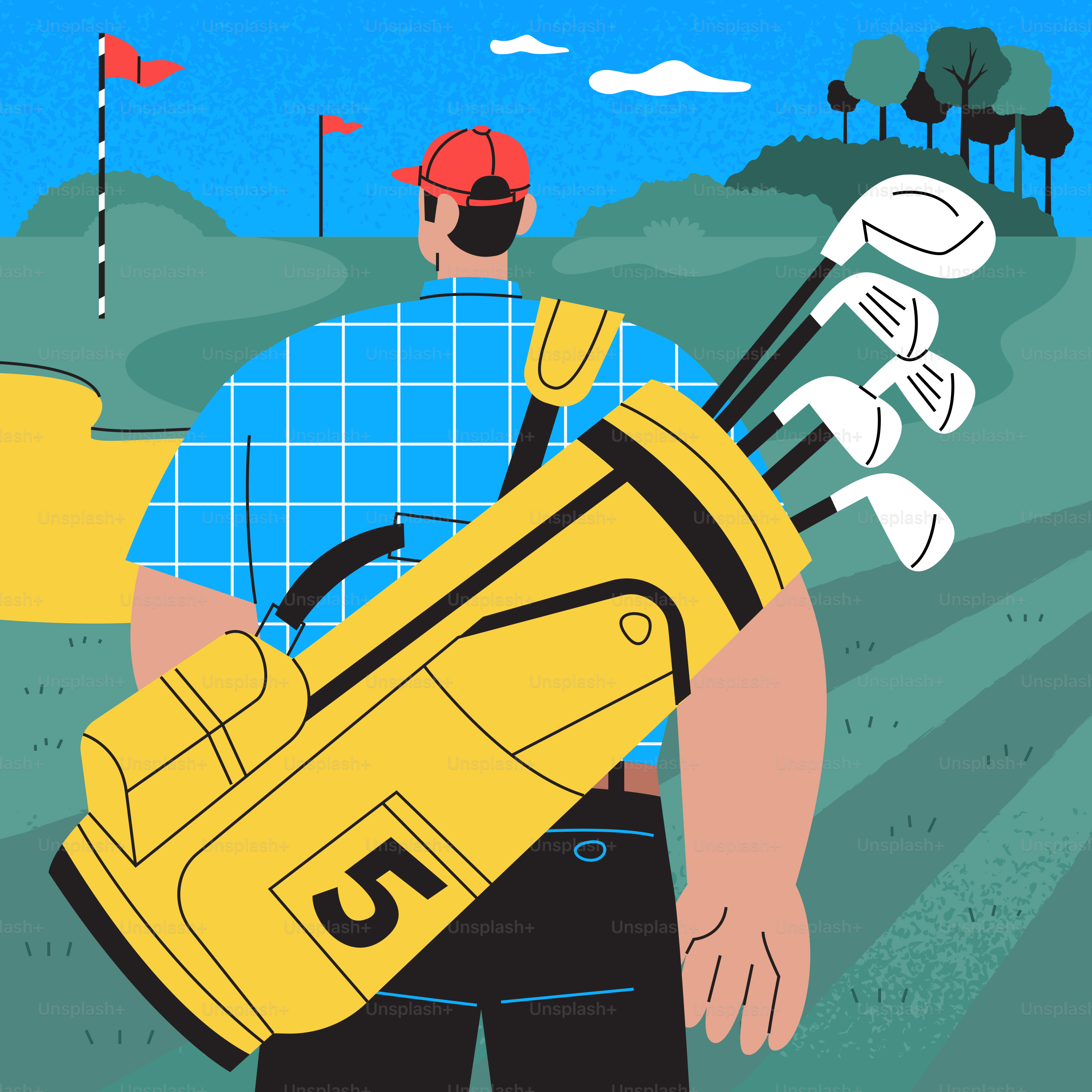 Golfista que lleva una bolsa de golf en el campo