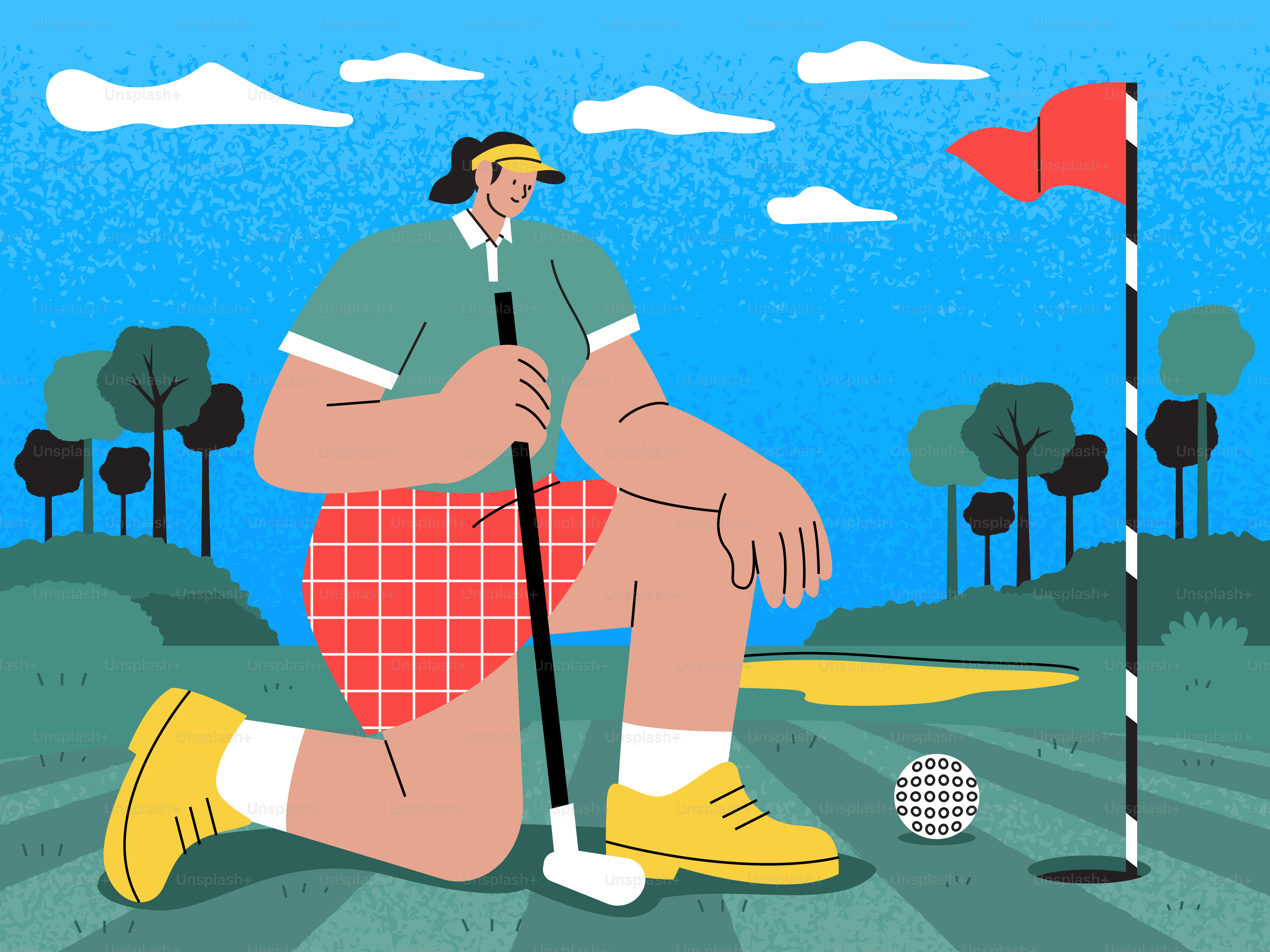 El golfista se arrodilla en el green cerca de la bandera y la bola.