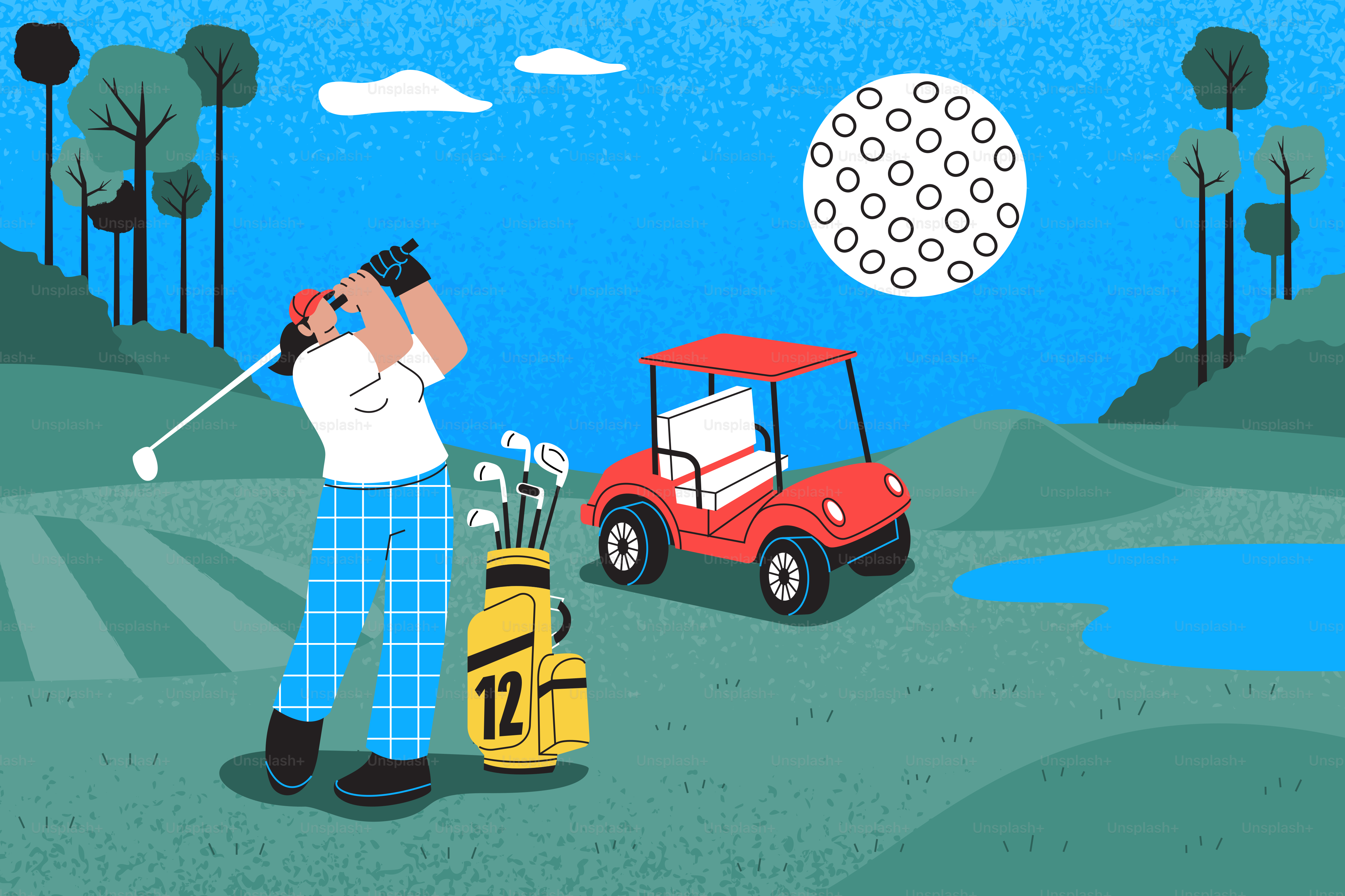 ゴルファーがゴルフカートの近くでクラブを振ってバッグを振る。