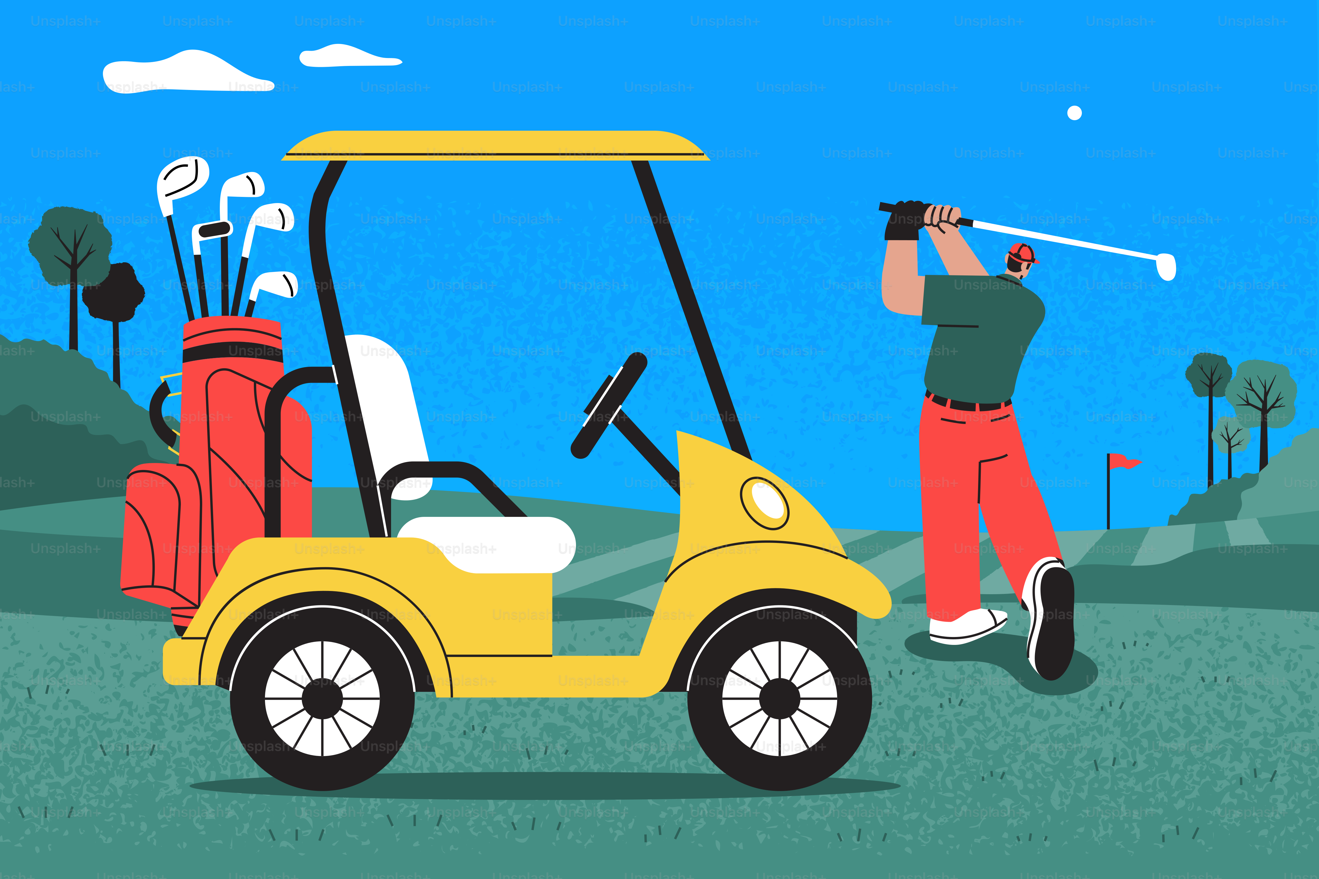 Golfista batea el palo cerca de un carrito de golf amarillo en el campo.