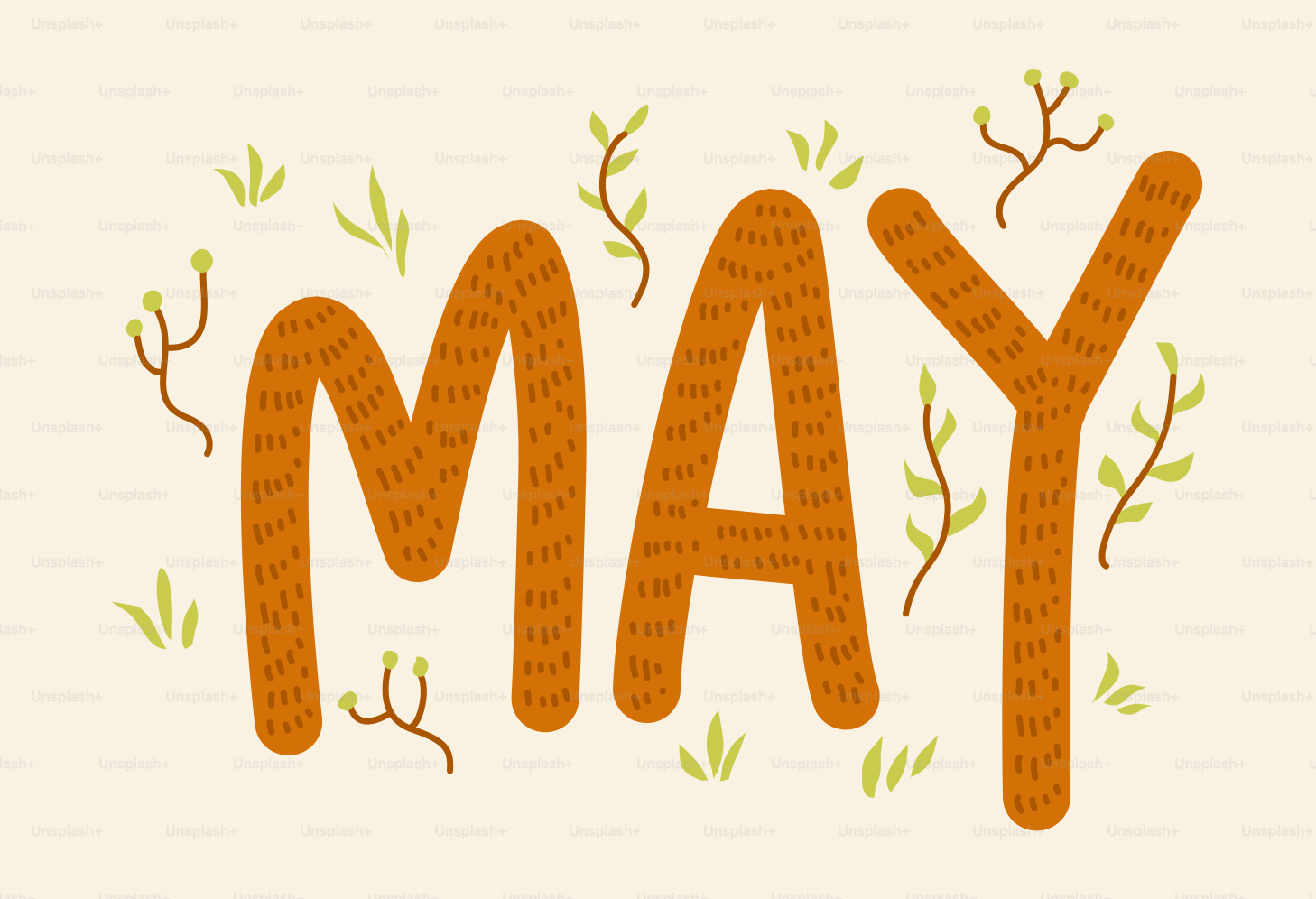 The word may with small green leaves and branches