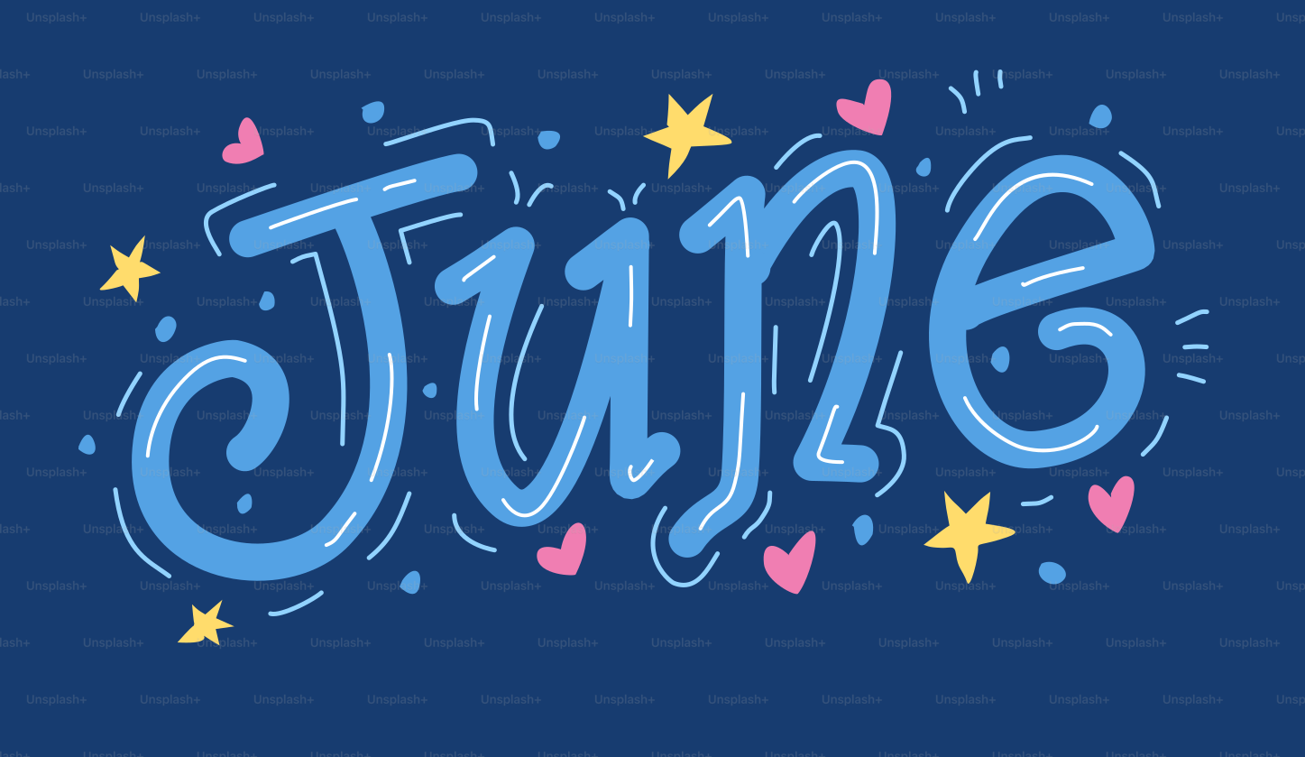 La palabra junio escrita en azul con estrellas y corazones.