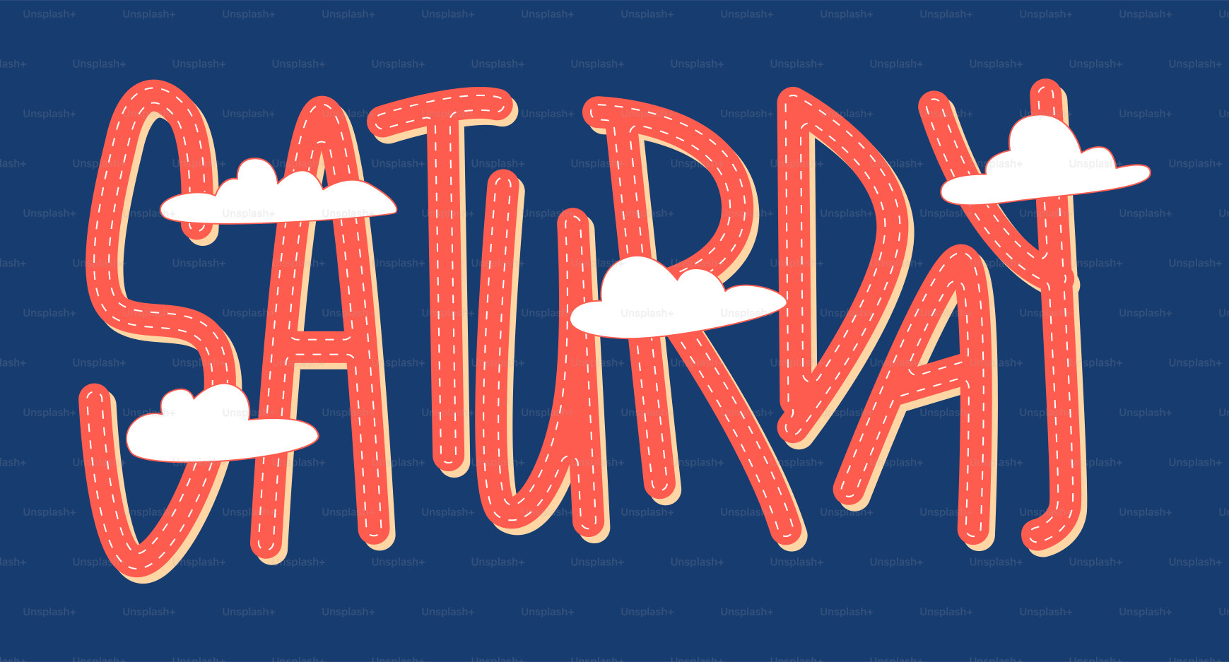 The word saturday written in large letters with clouds.
