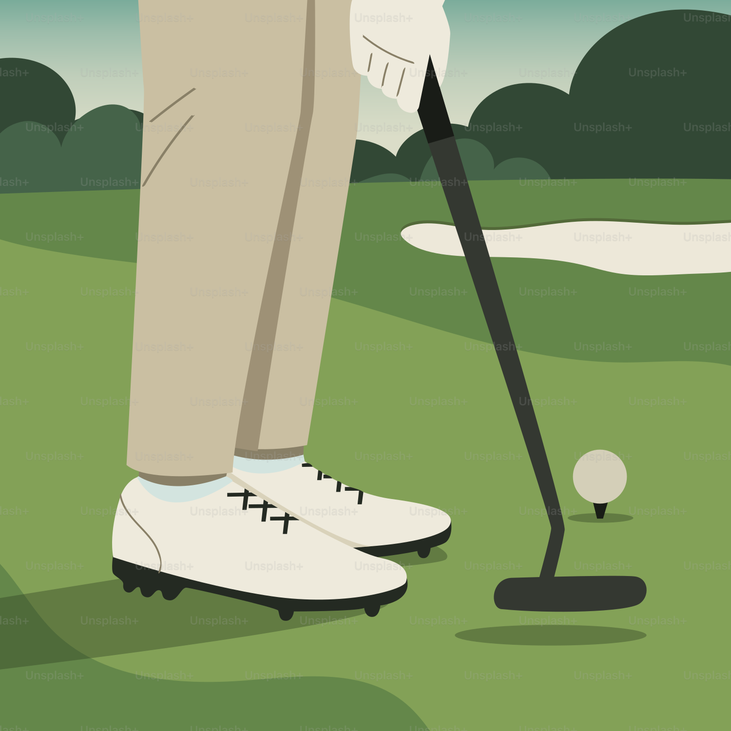 Golfer putting on a green with a sand trap.