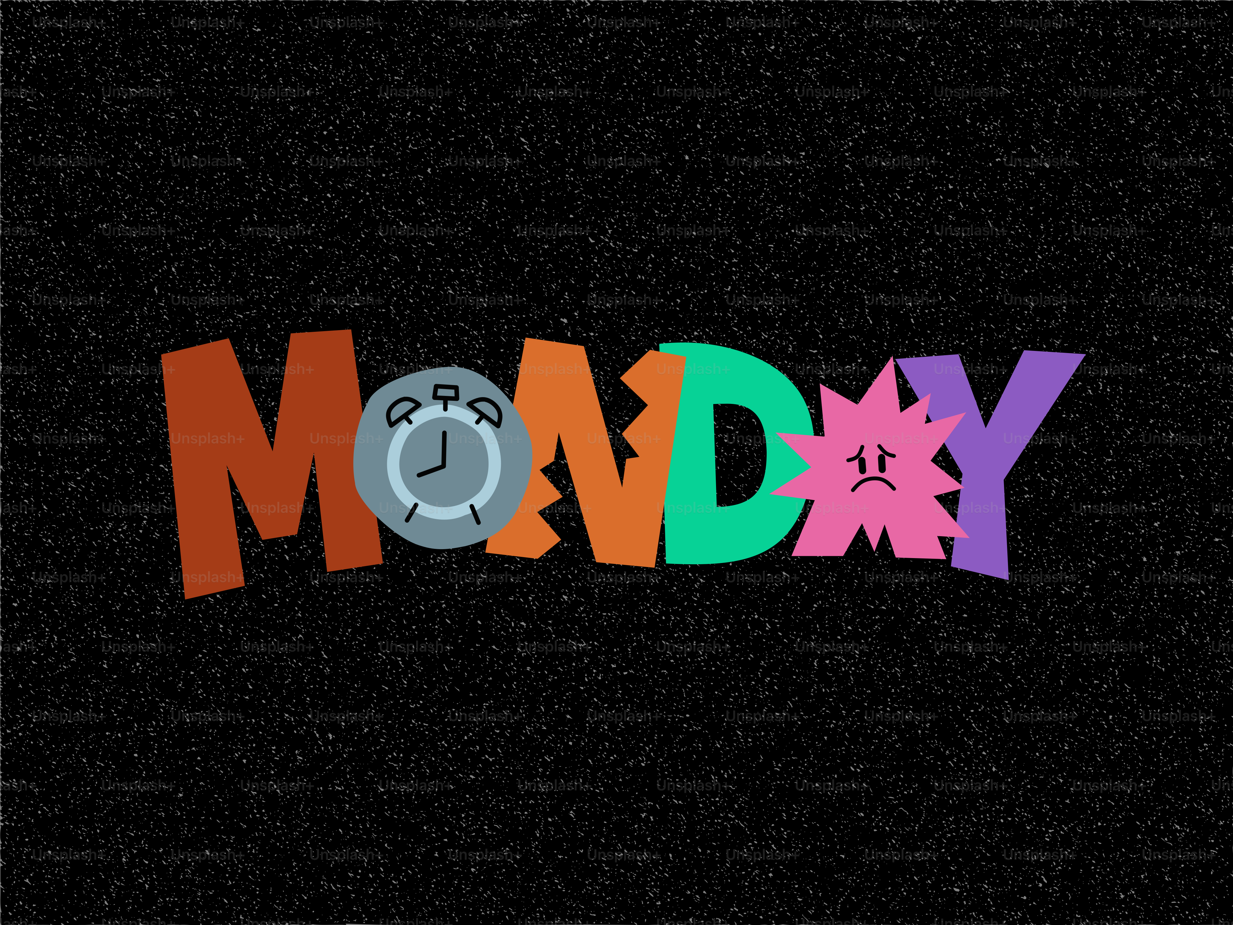The word monday with a sad face and alarm clock.