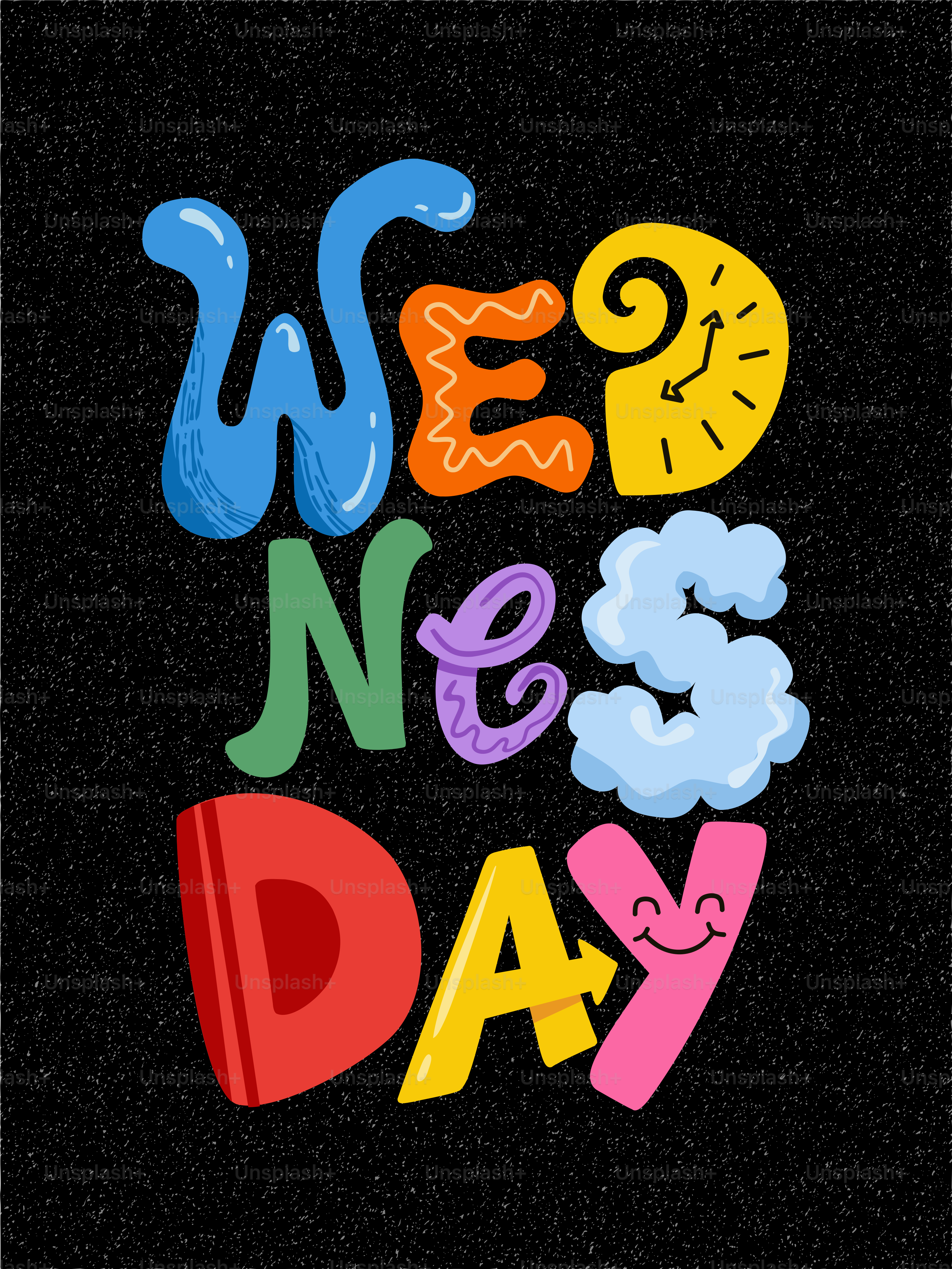 Colorful "wednesday" text with clock and smiley face