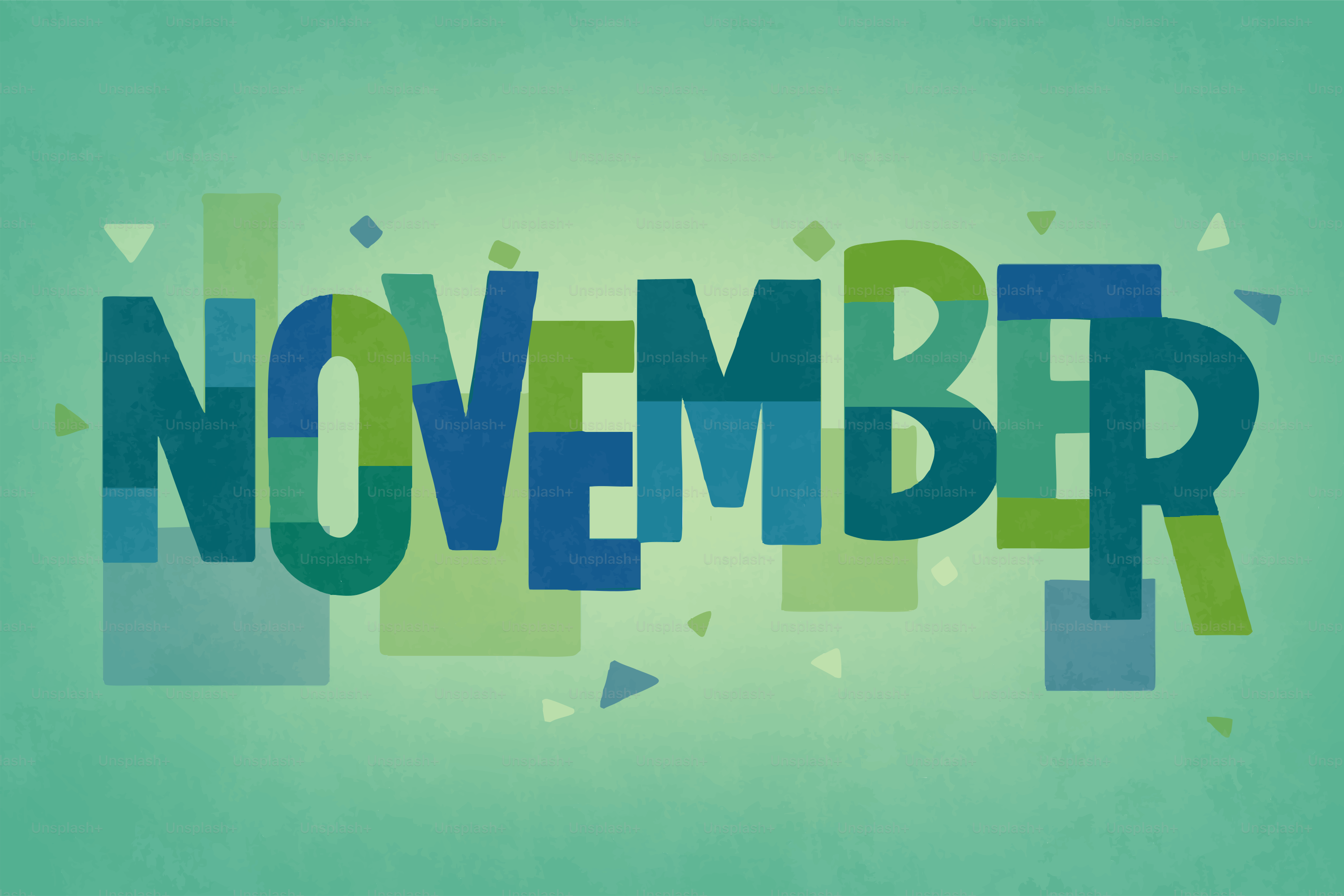 Kata november dalam huruf warna-warni dengan latar belakang teal