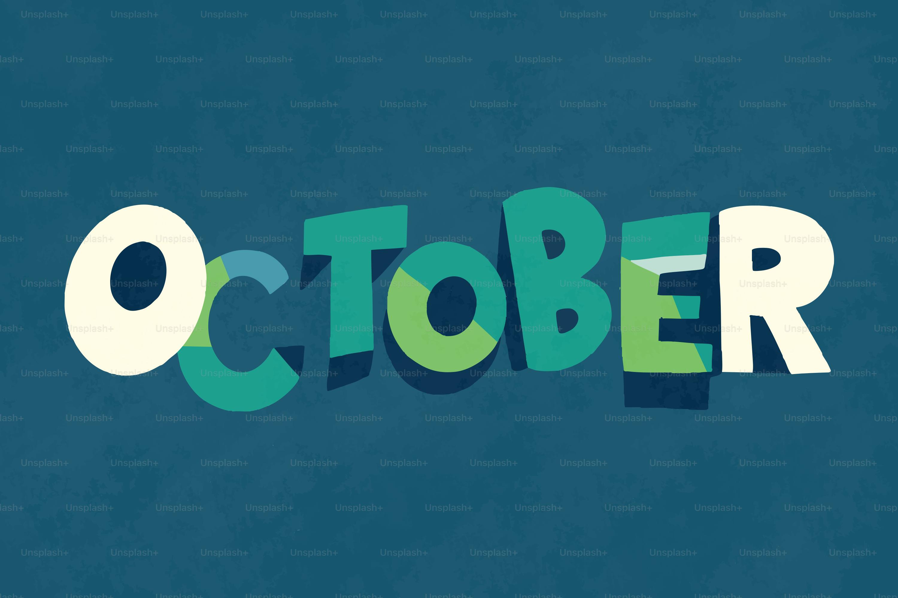 The word october in colorful letters on blue background