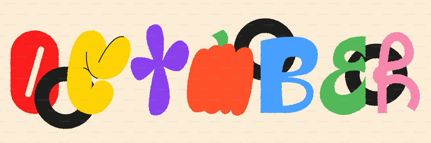 色とりどりの抽象文字で10月とカボチャが綴られています。