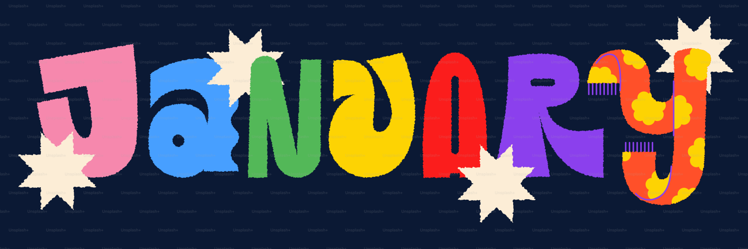 カラフルな単語の1月、暗い背景に星の爆発が描かれています