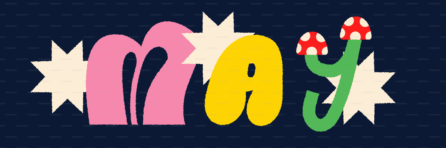 キノコで「may」と綴るカラフルなテキスト