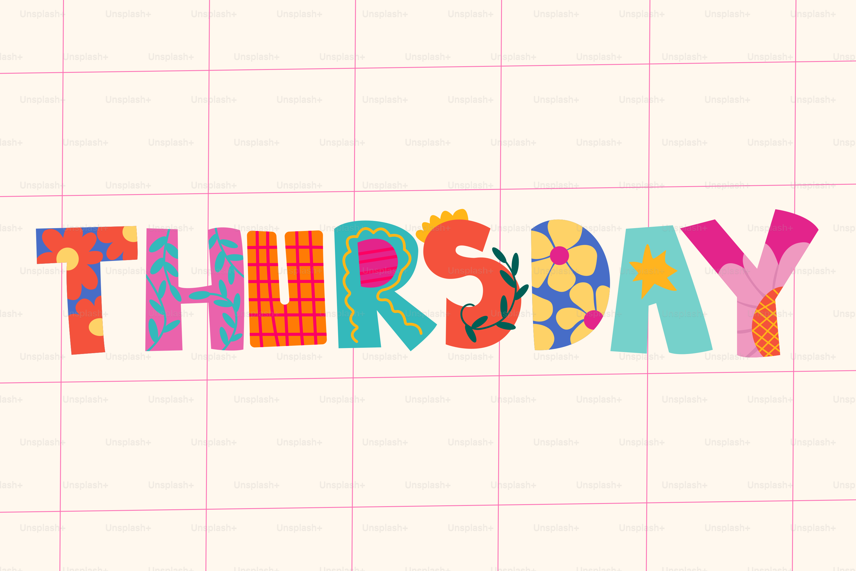 Letras coloridas formam a palavra thursday.