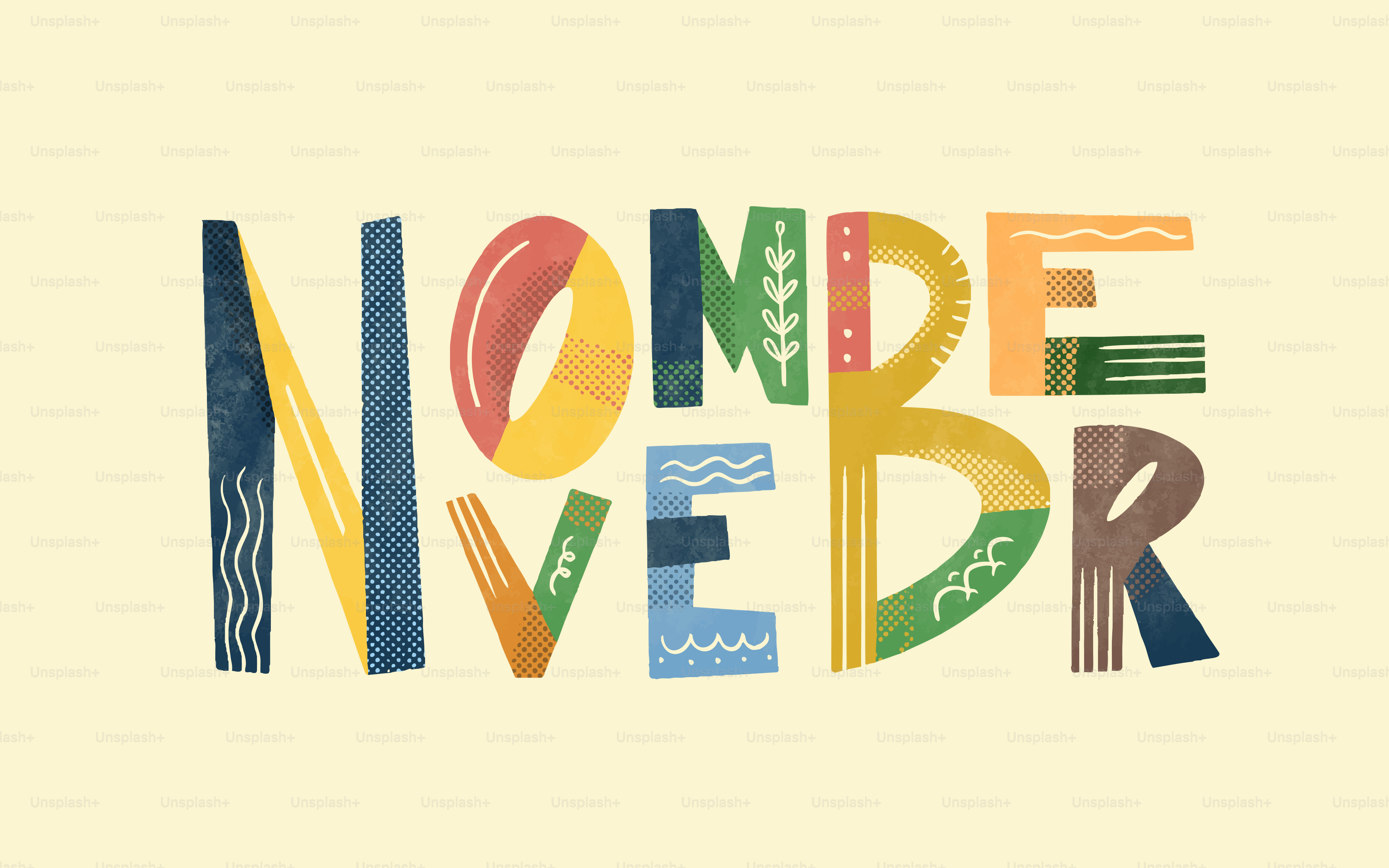 Letras decorativas coloridas deletrean la palabra "noviembre".