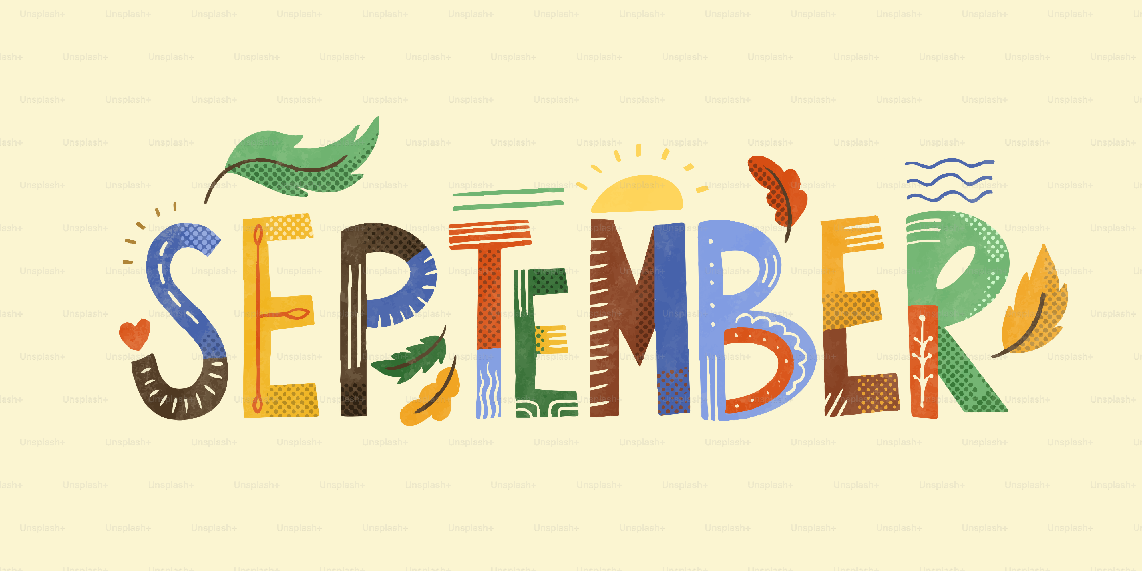 Letras coloridas forman la palabra septiembre con hojas otoñales.