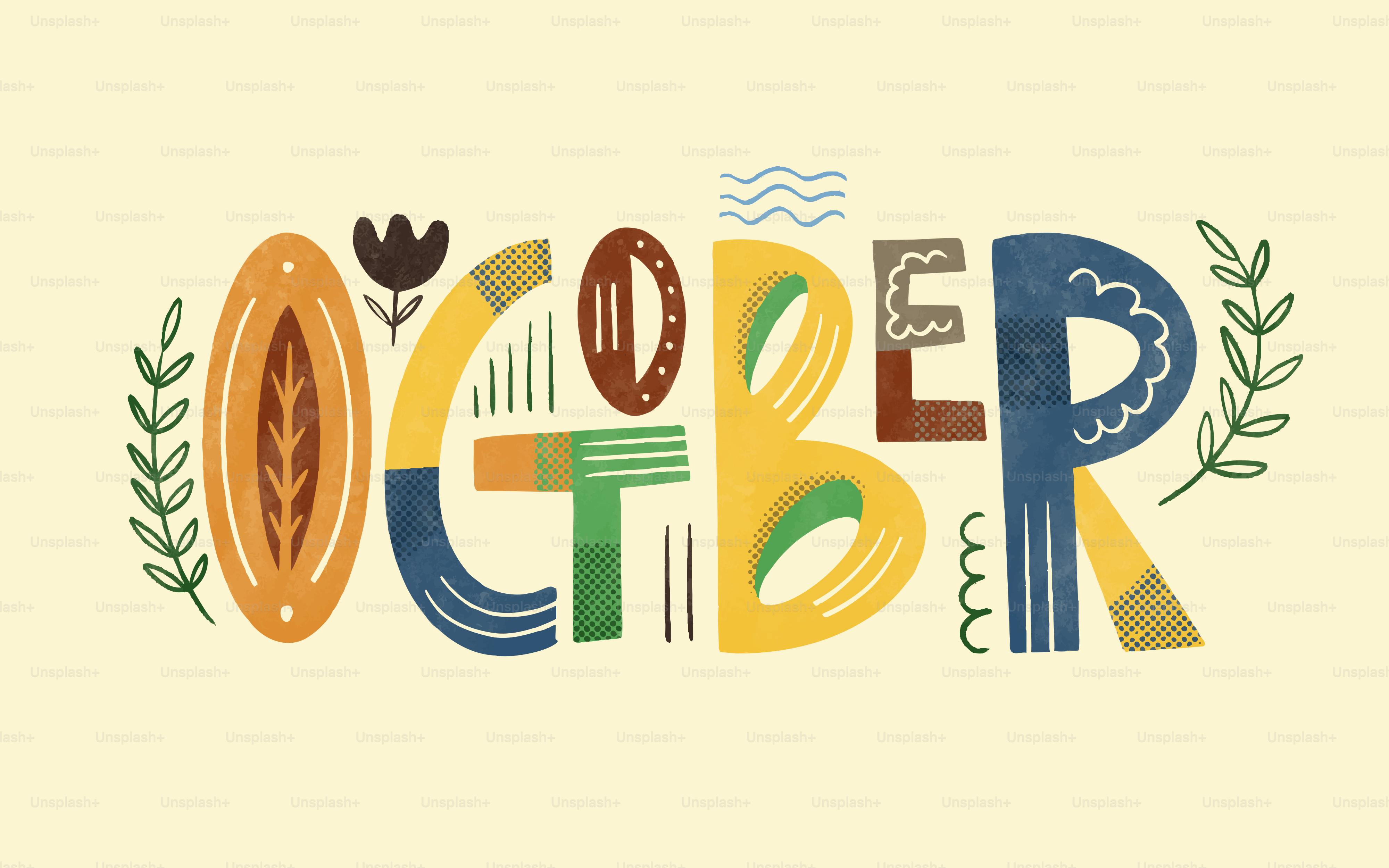 La palabra octubre en letras decorativas y coloridas