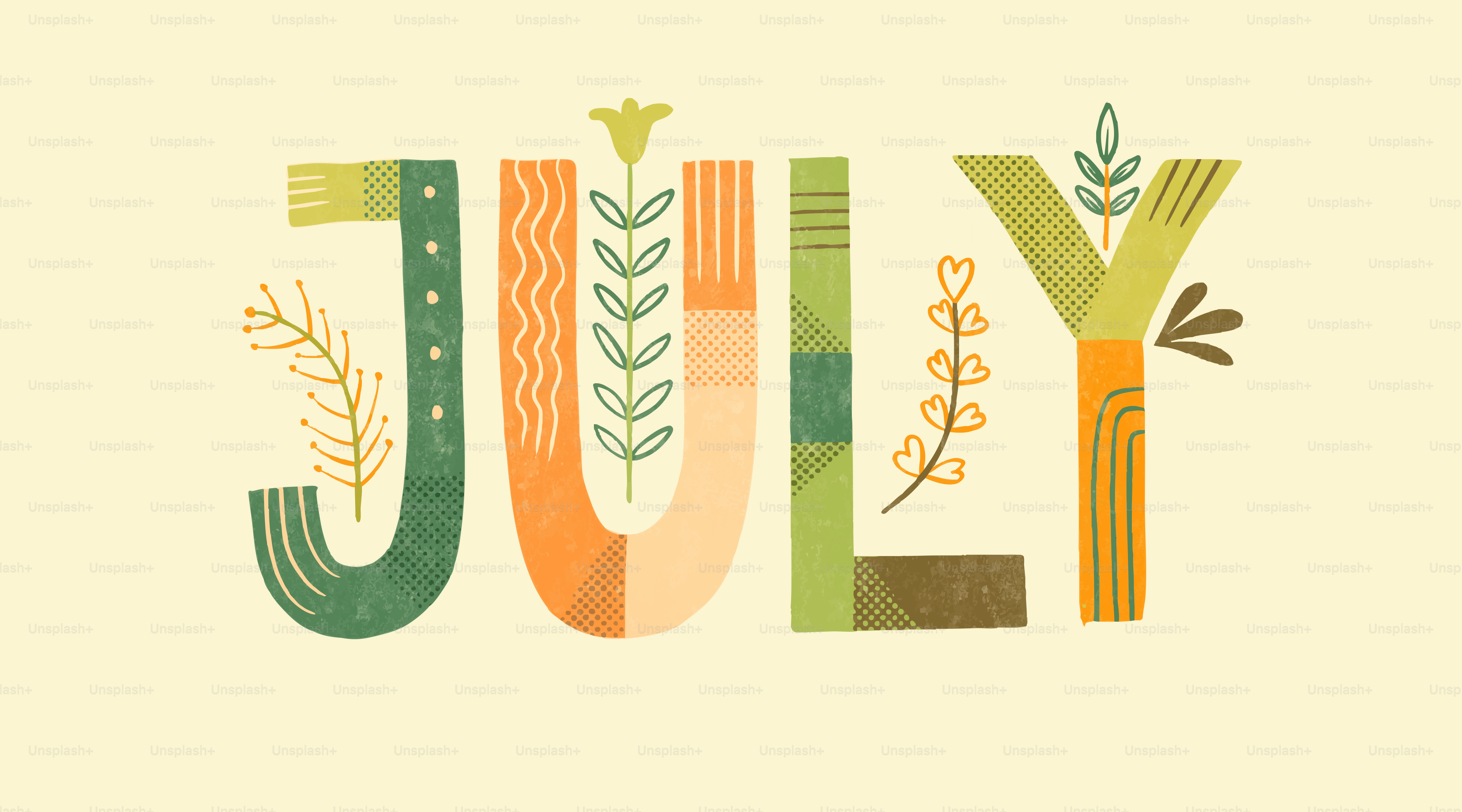 La palabra julio decorada con plantas y flores