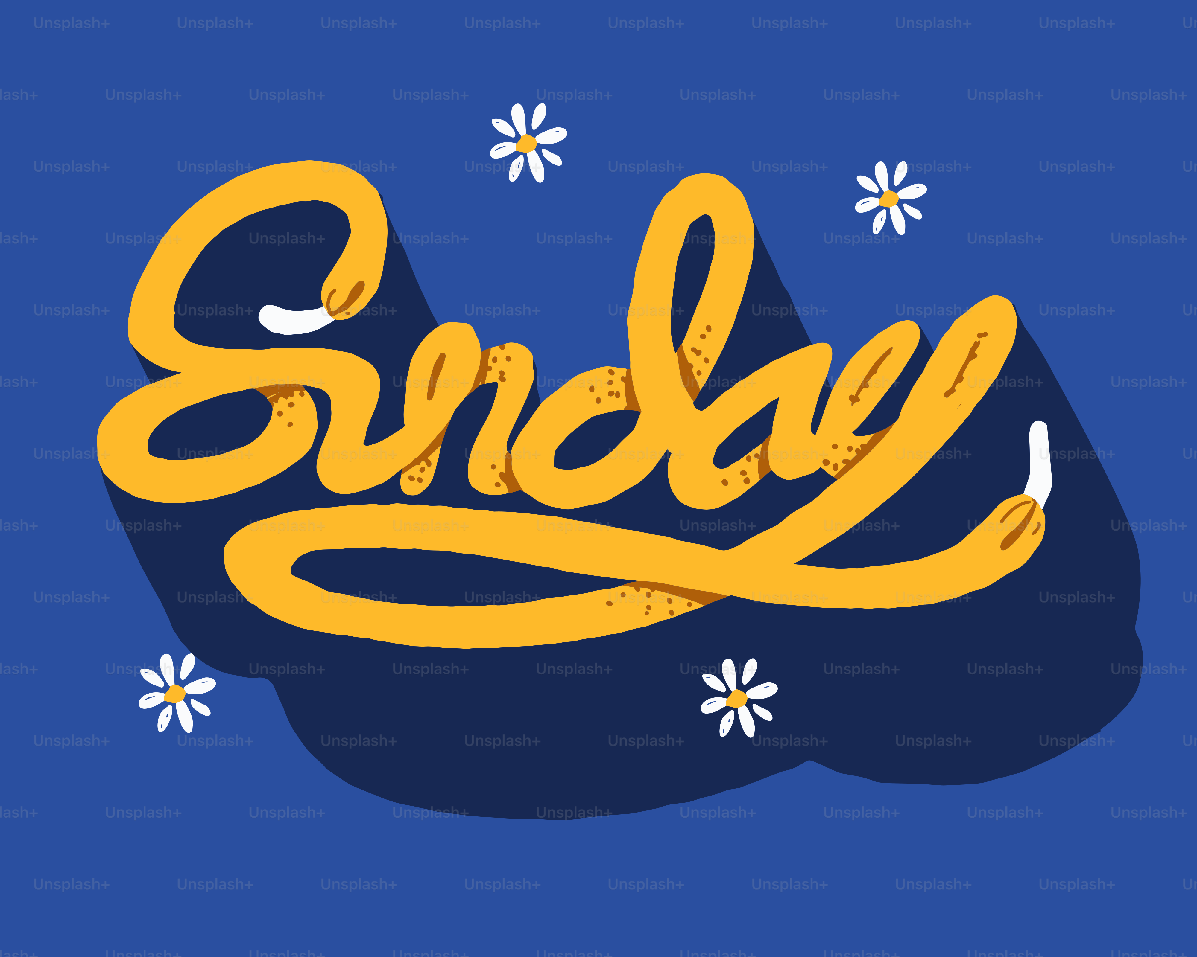 Yellow cursive "sunday" text with small white flowers.
