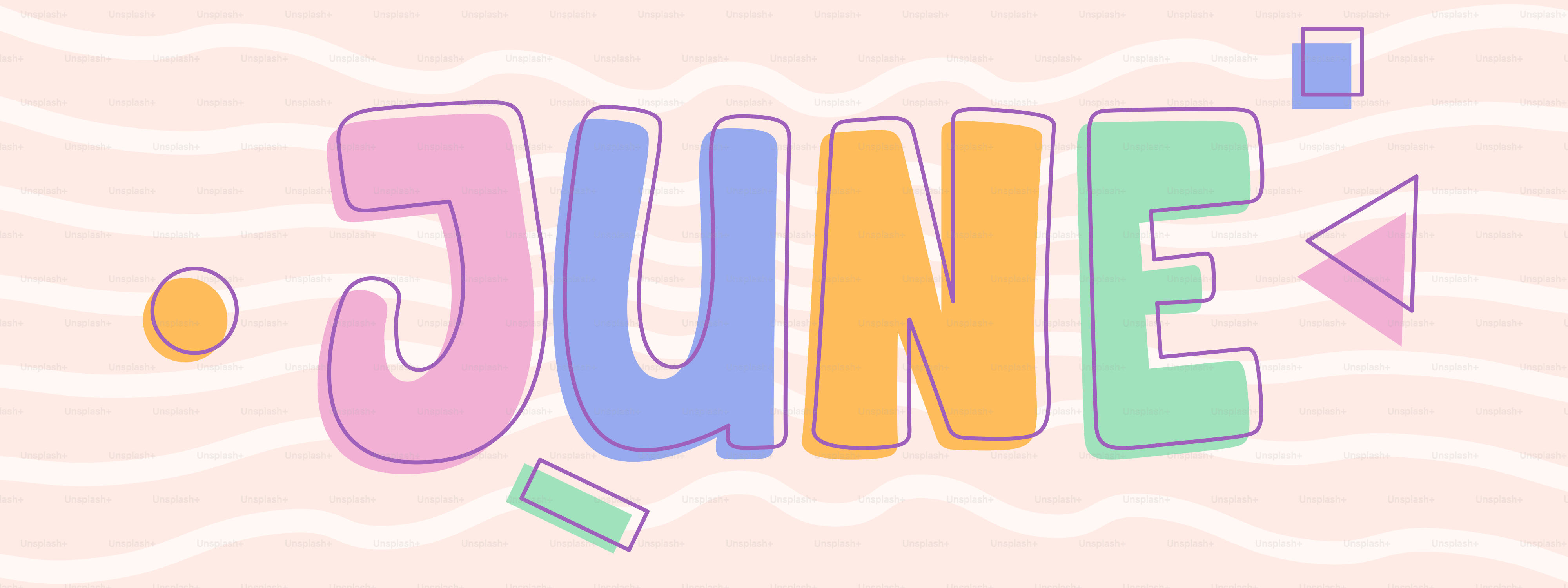 Texte coloré « juin » avec des formes géométriques ludiques