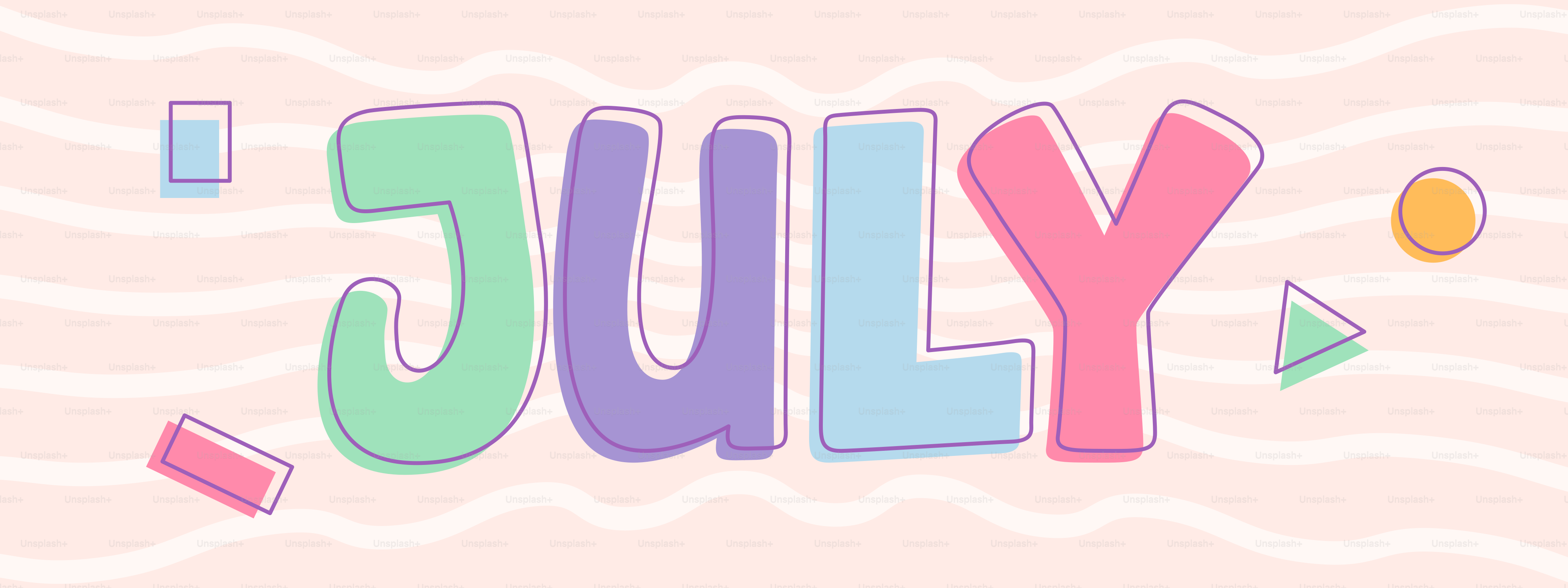 Le mot juillet en couleurs pastel avec des formes ludiques.