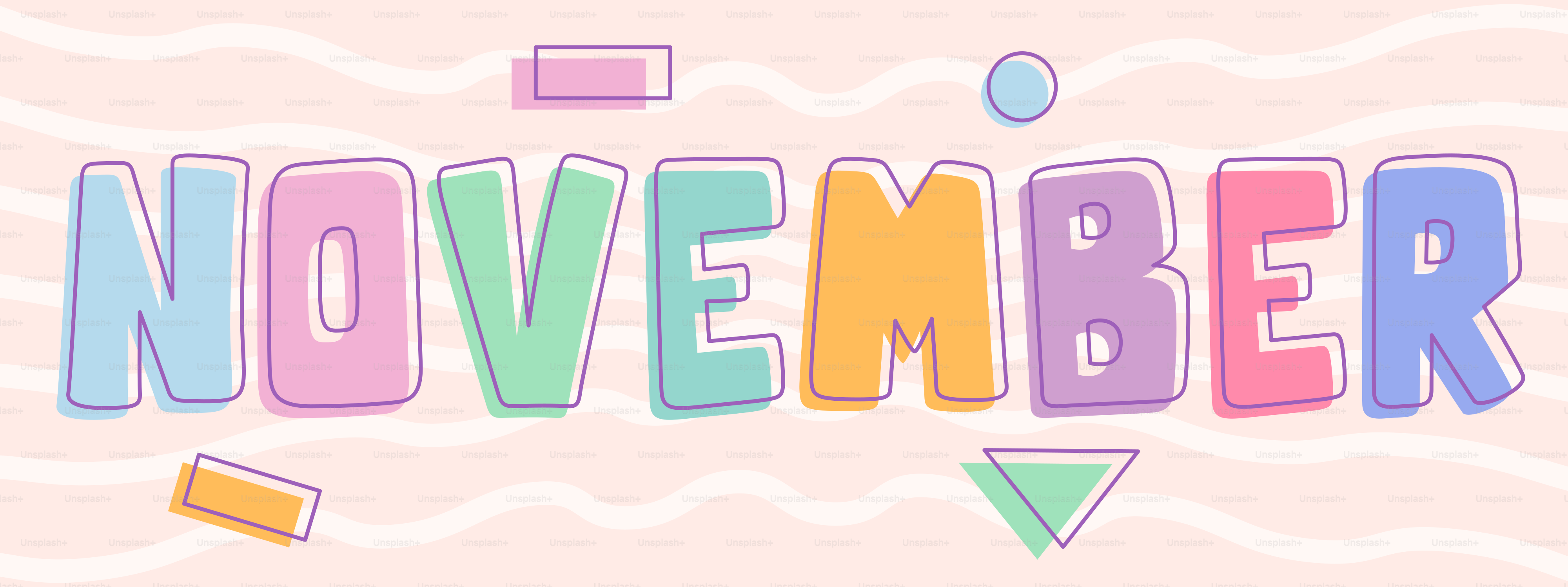 Le mot novembre en couleurs pastel avec des formes ludiques