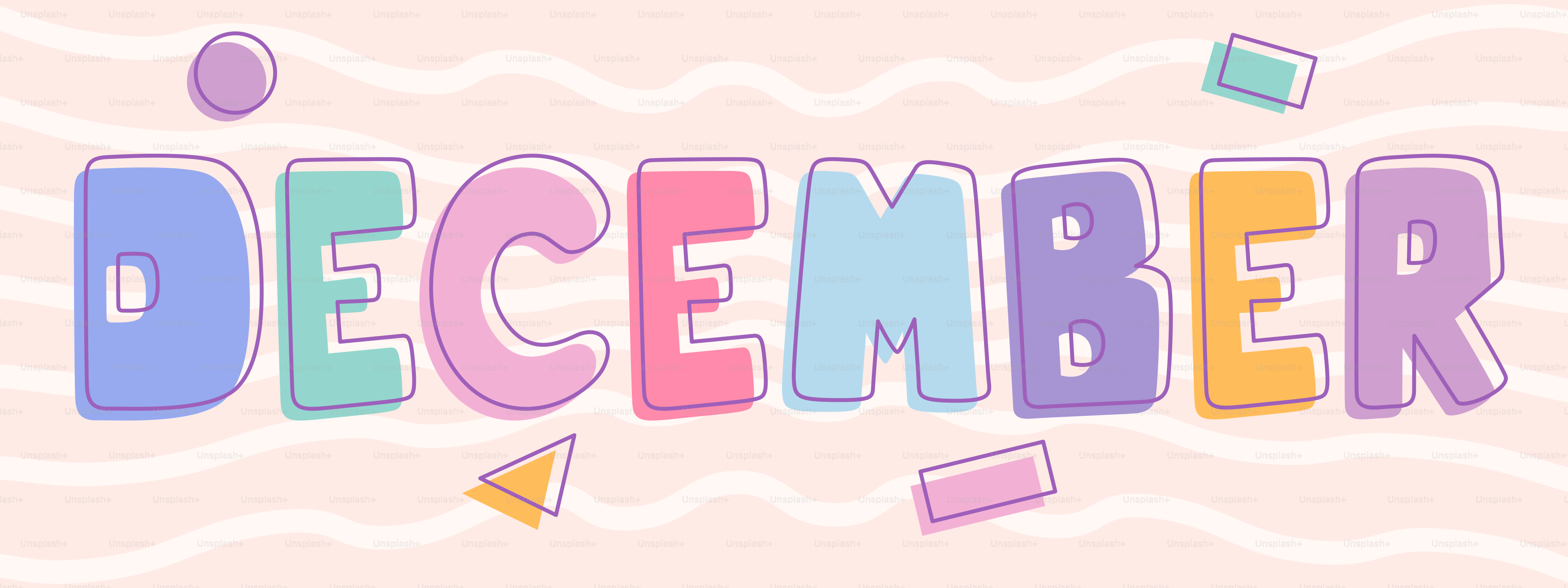 Le mot décembre en lettres pastel colorées.