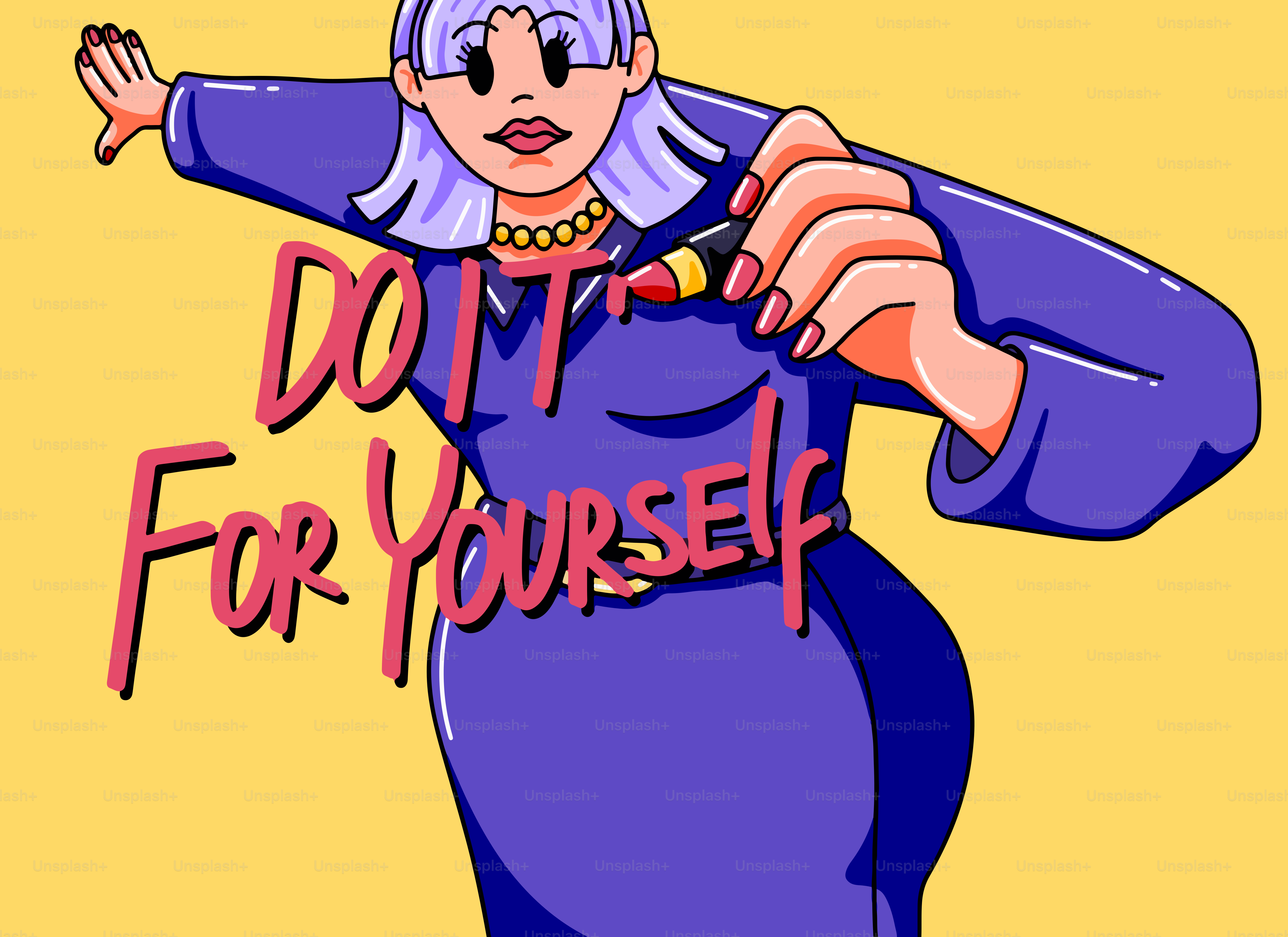 Woman writing "do it for yourself" on yellow background.