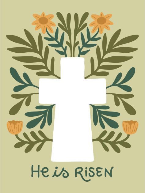 Cruz branca com decoração floral e texto "ele ressuscitou".