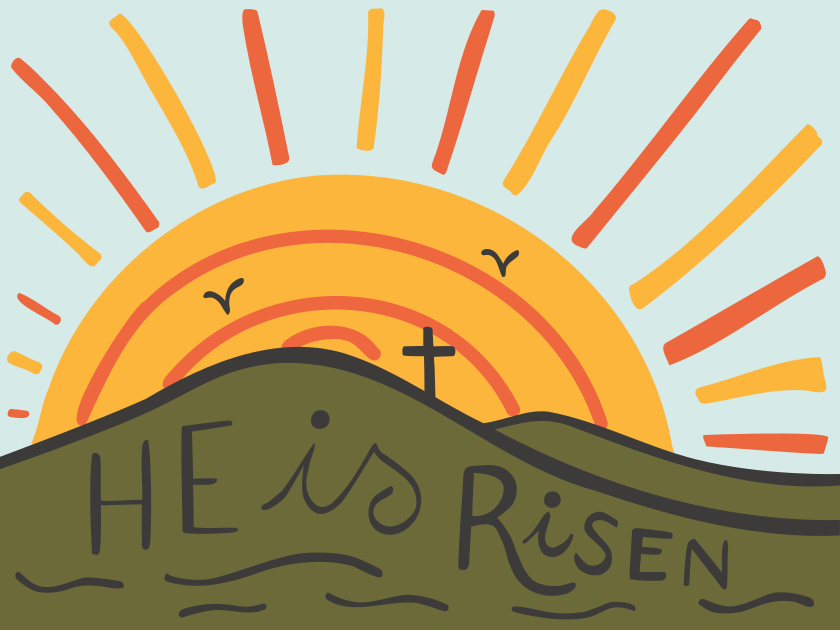 Nascer do sol sobre uma colina com uma cruz e texto.