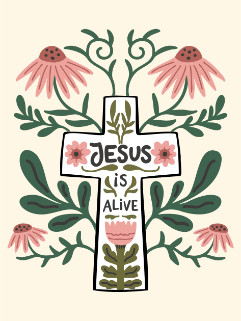 Cross with "jesus is alive" surrounded by flowers