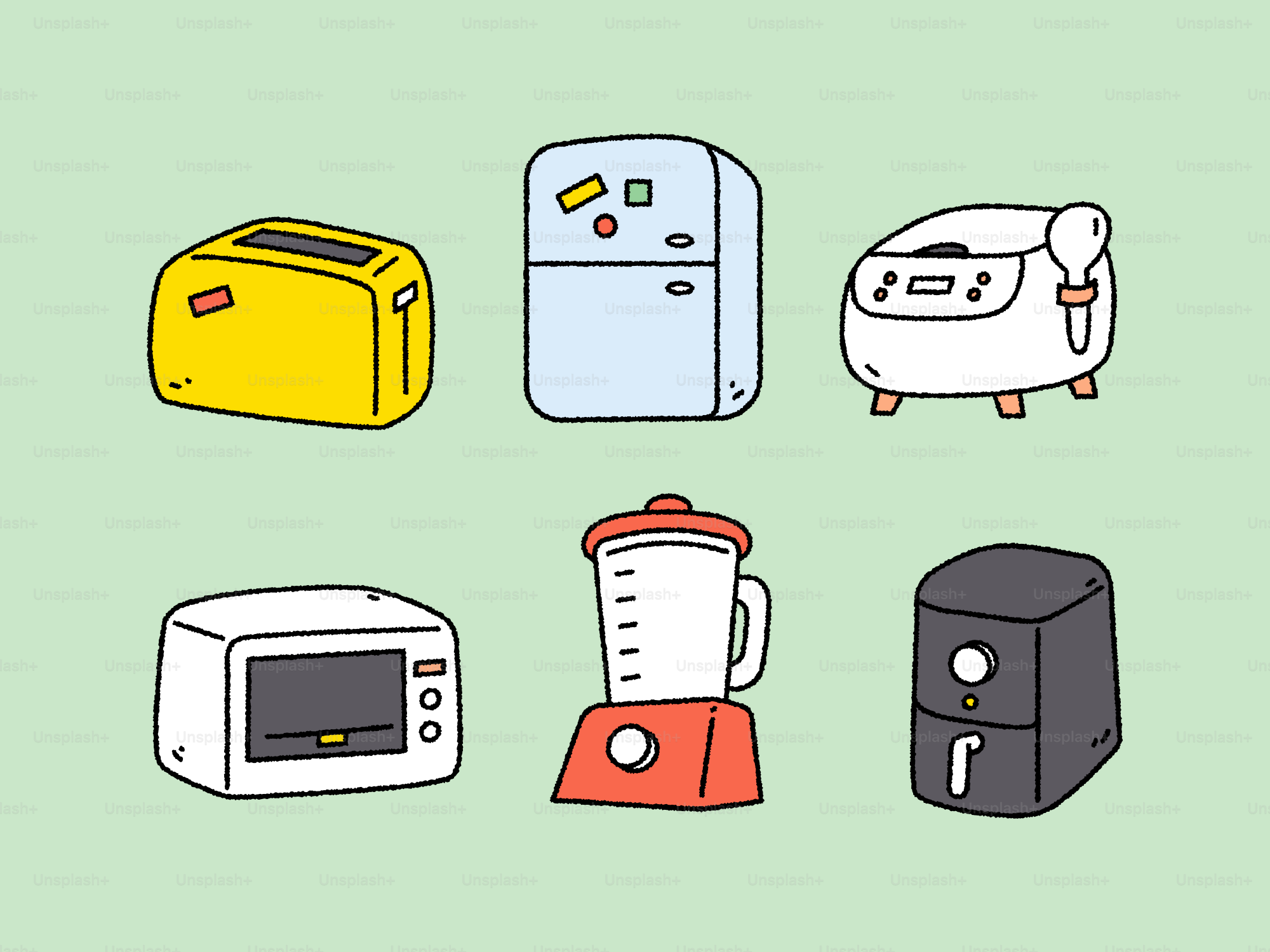 Collection of cartoon kitchen appliances on a light green background