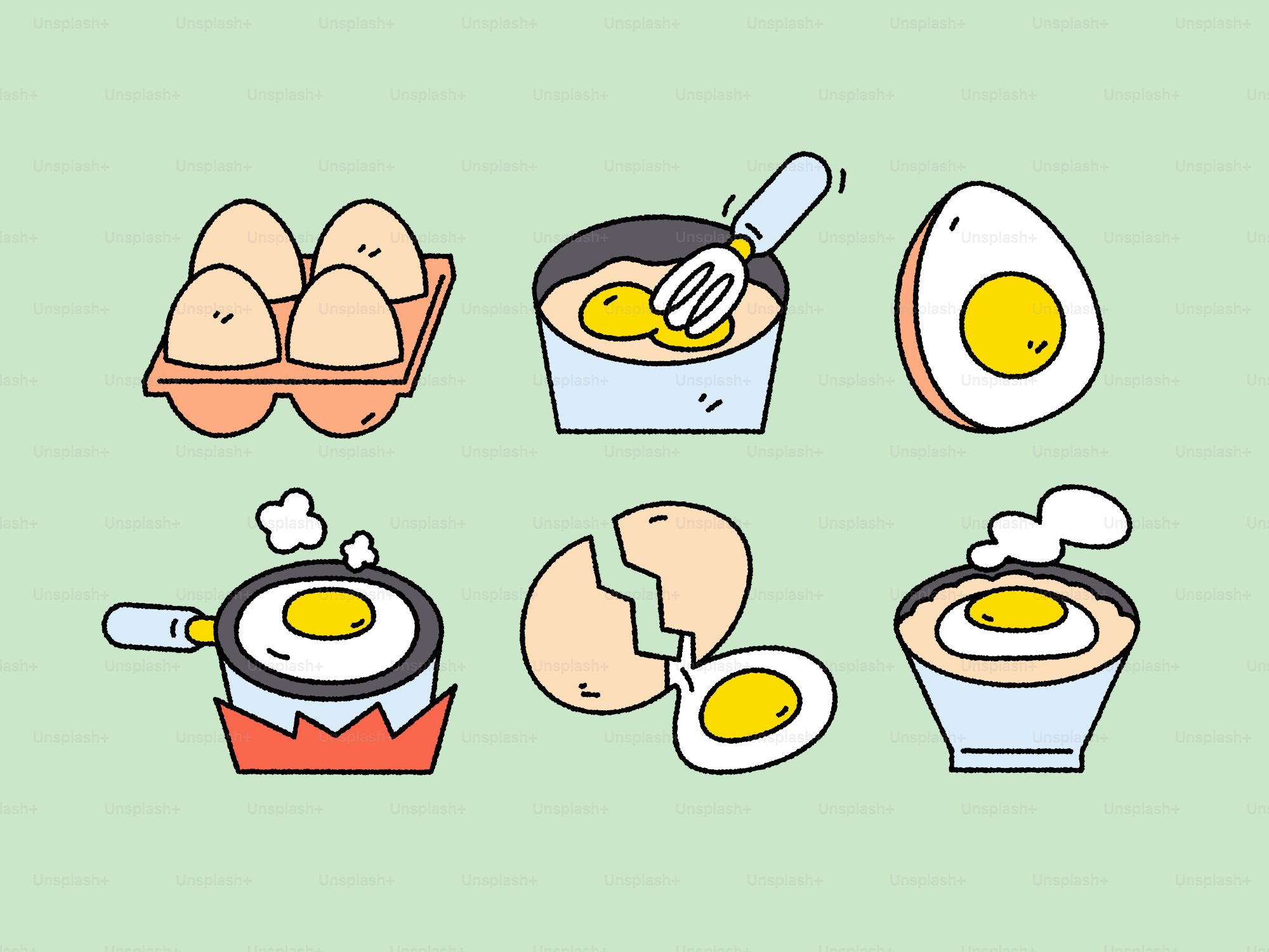 Various illustrations of eggs and egg preparations