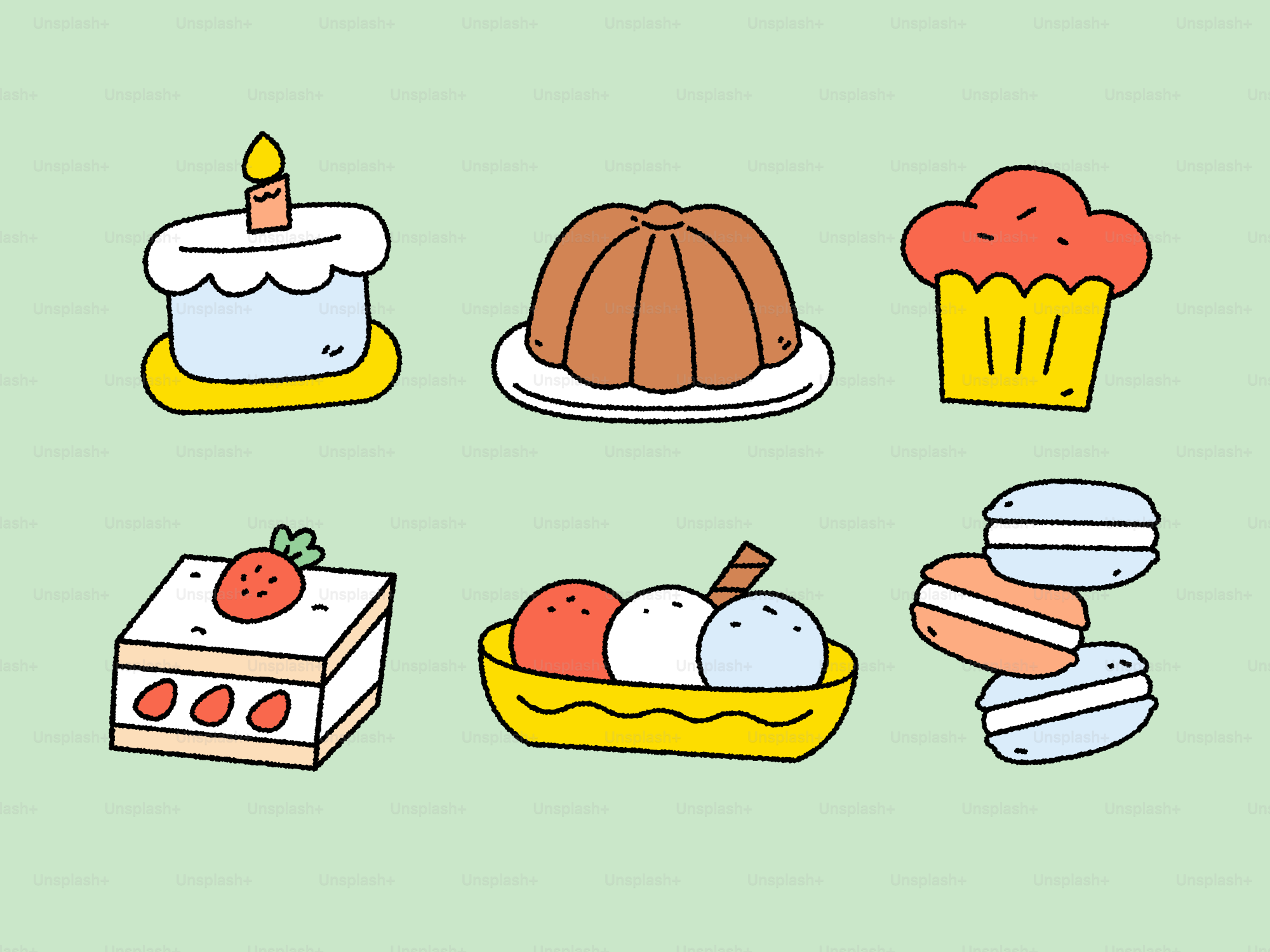 Assorted desserts including cake, jelly, cupcake, and ice cream.