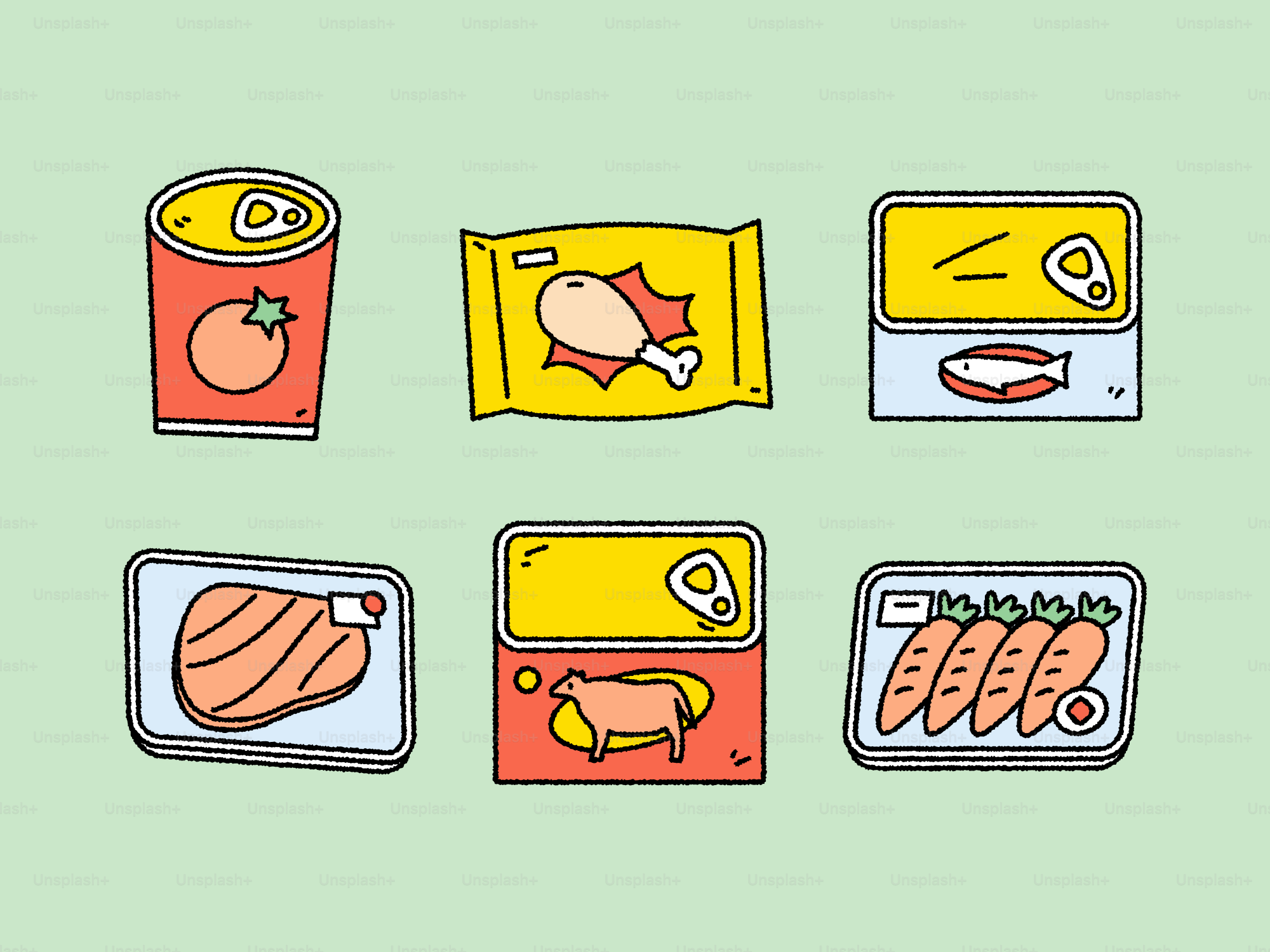 Assorted packaged food items on light green background