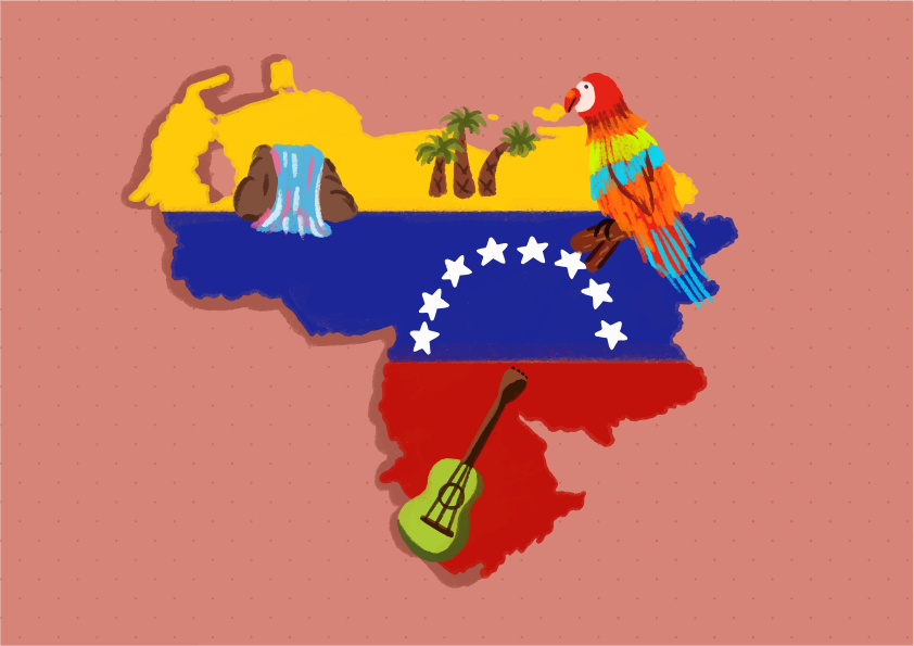 Venezuela map with flag, parrot, and guitar