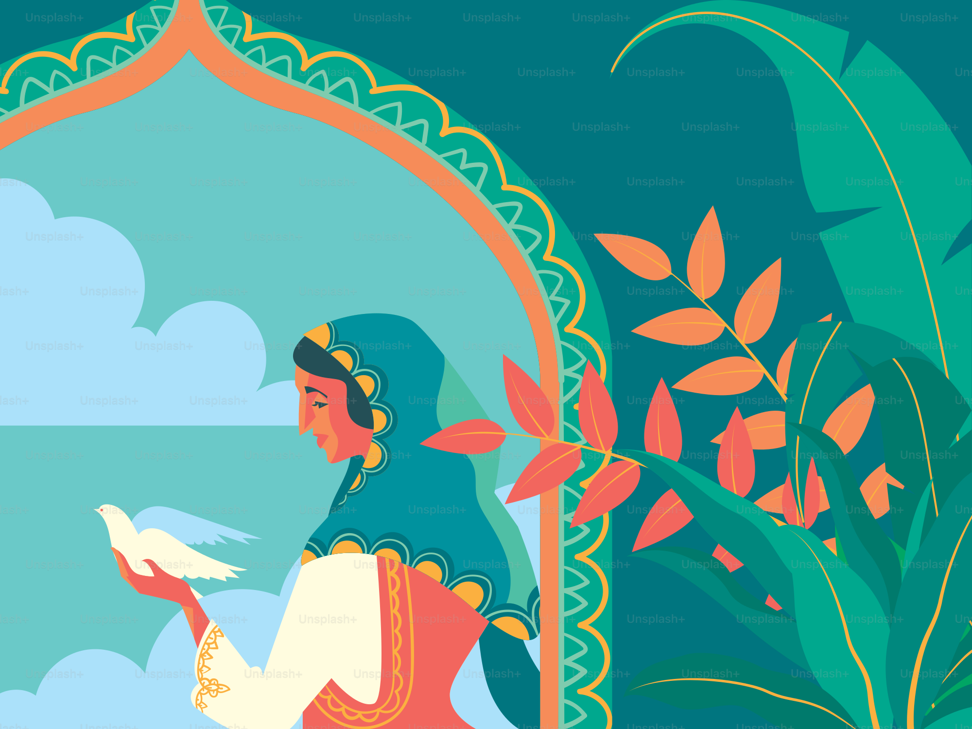 Woman in traditional attire holding a white dove.