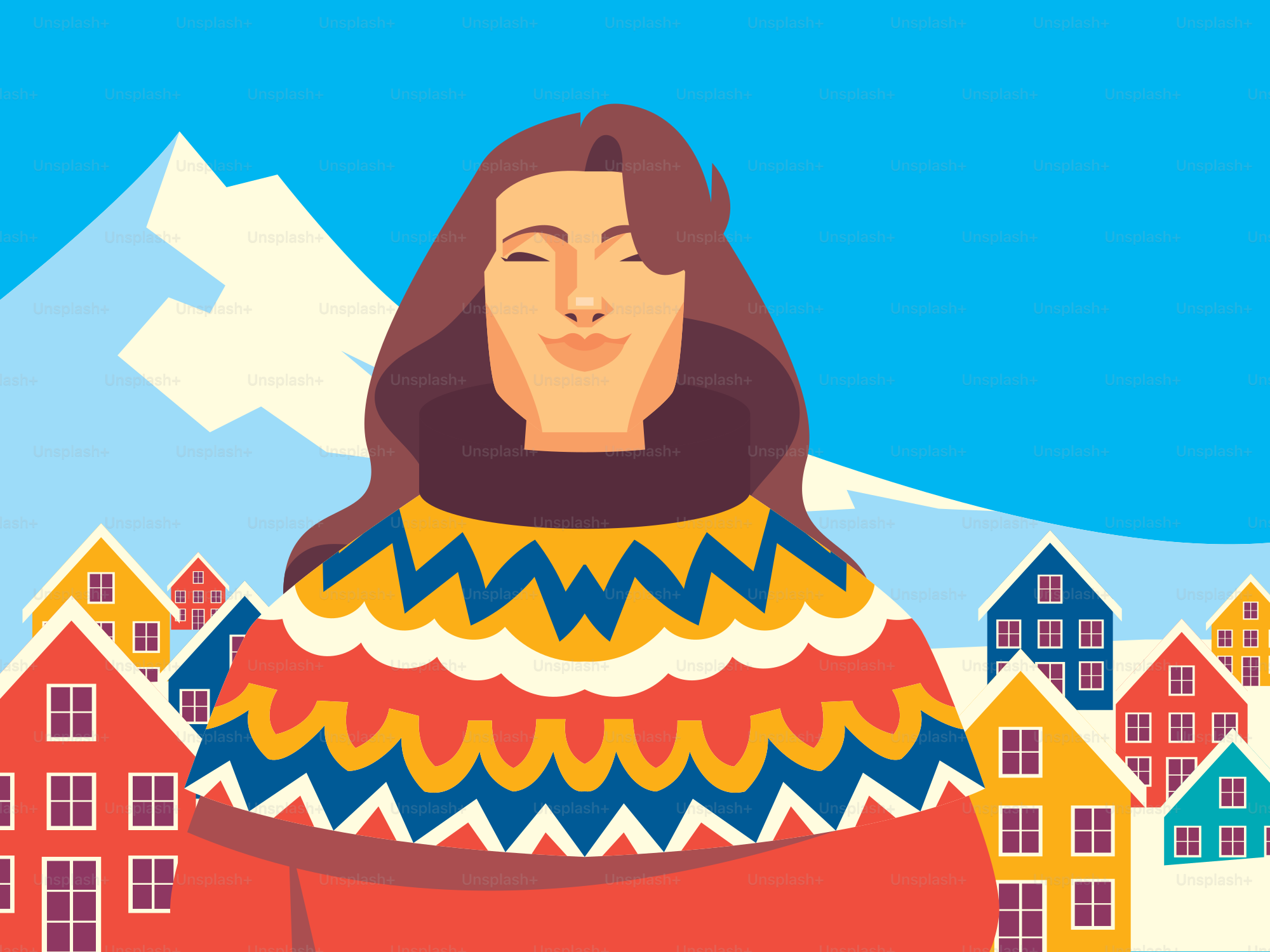 Personne en pull coloré avec des montagnes enneigées et des maisons