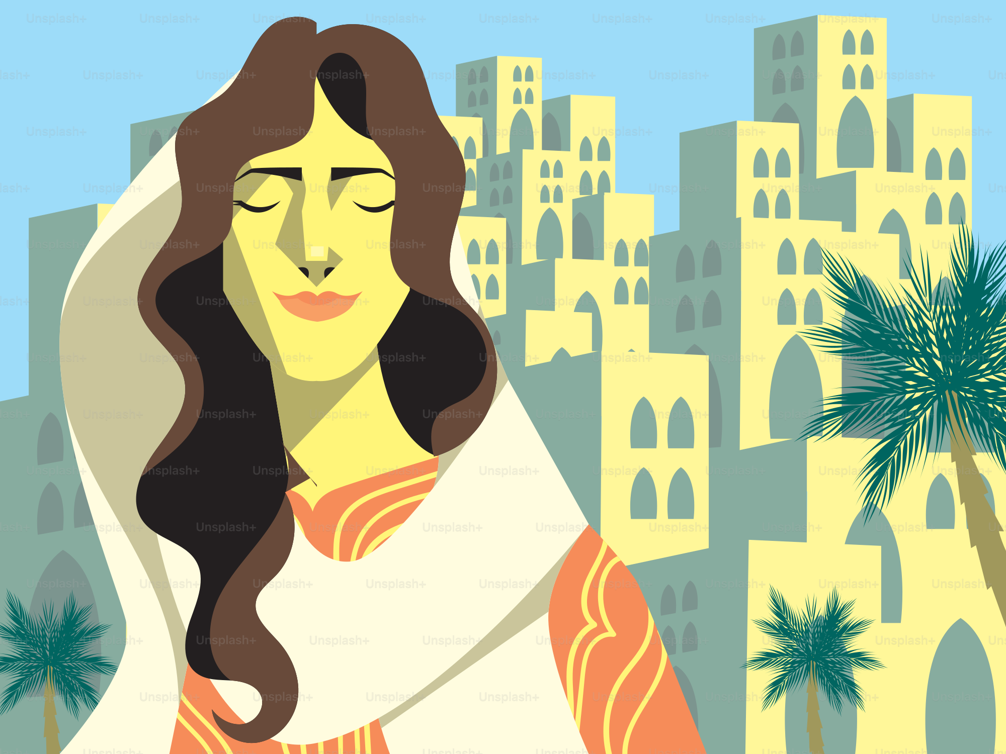 Woman with eyes closed in front of middle eastern buildings