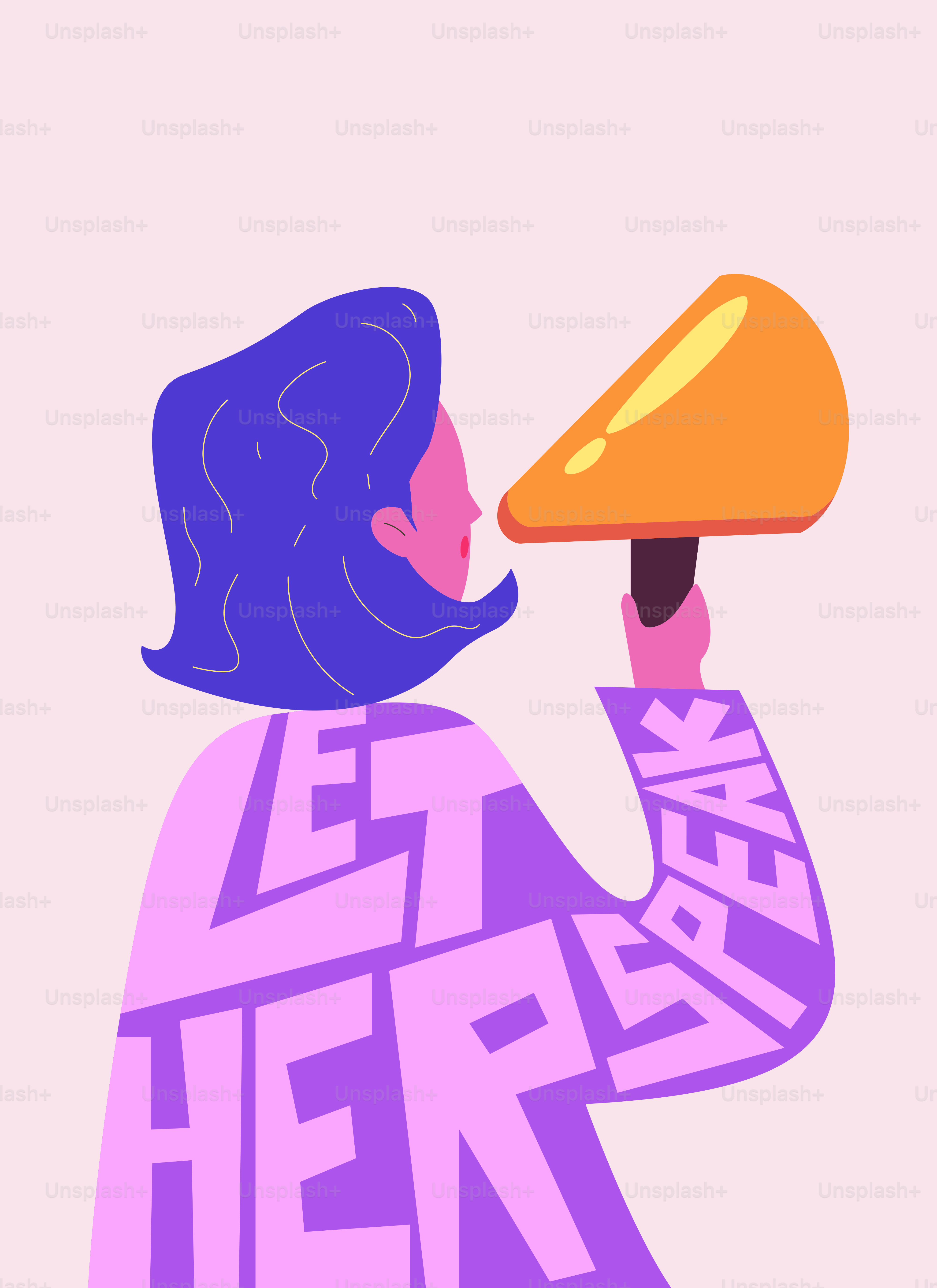 Mulher com megafone fala, camisa diz 'deixe-a falar'.