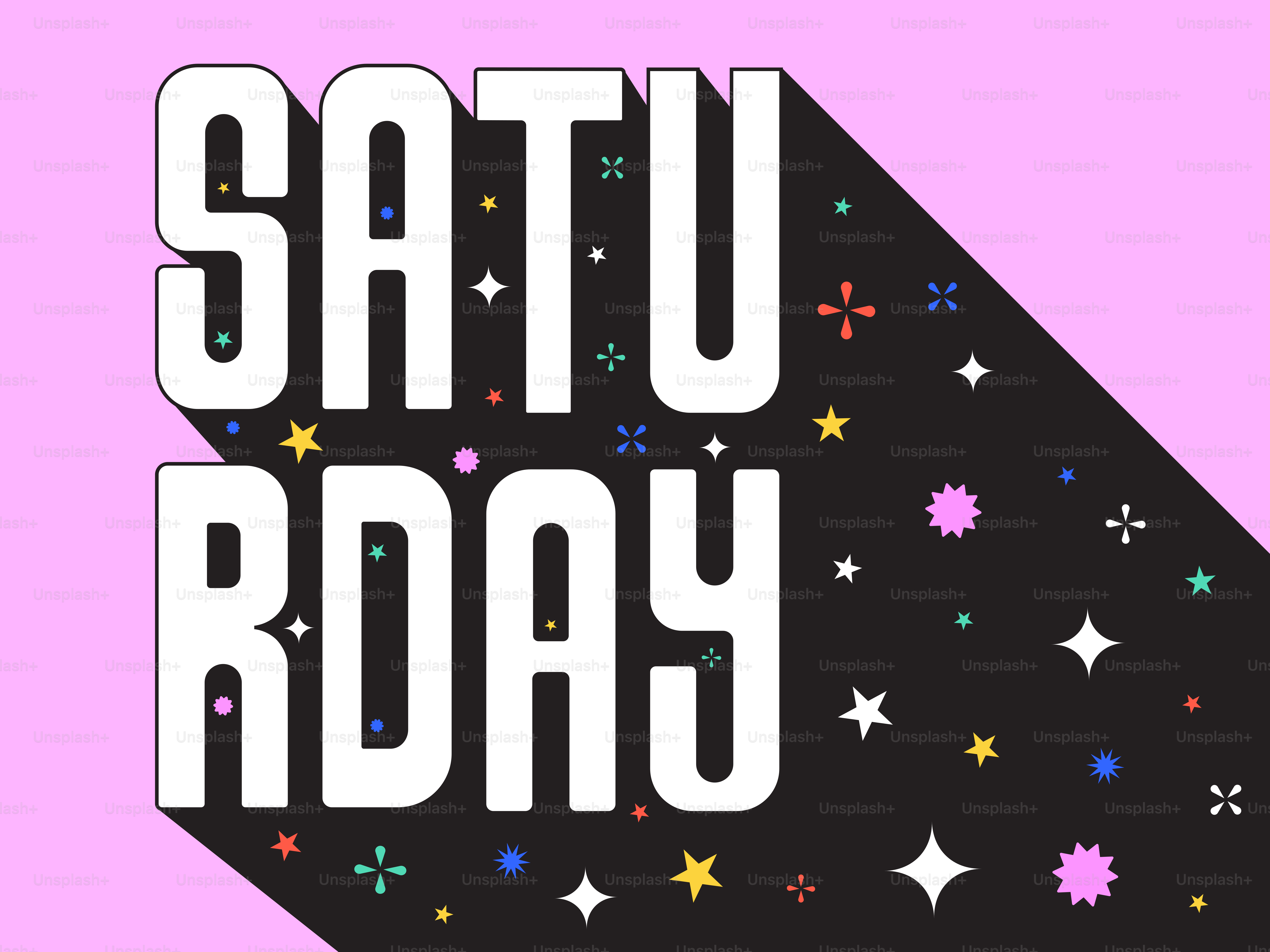 Das Wort Samstag in fetten weißen Buchstaben mit Sternen.