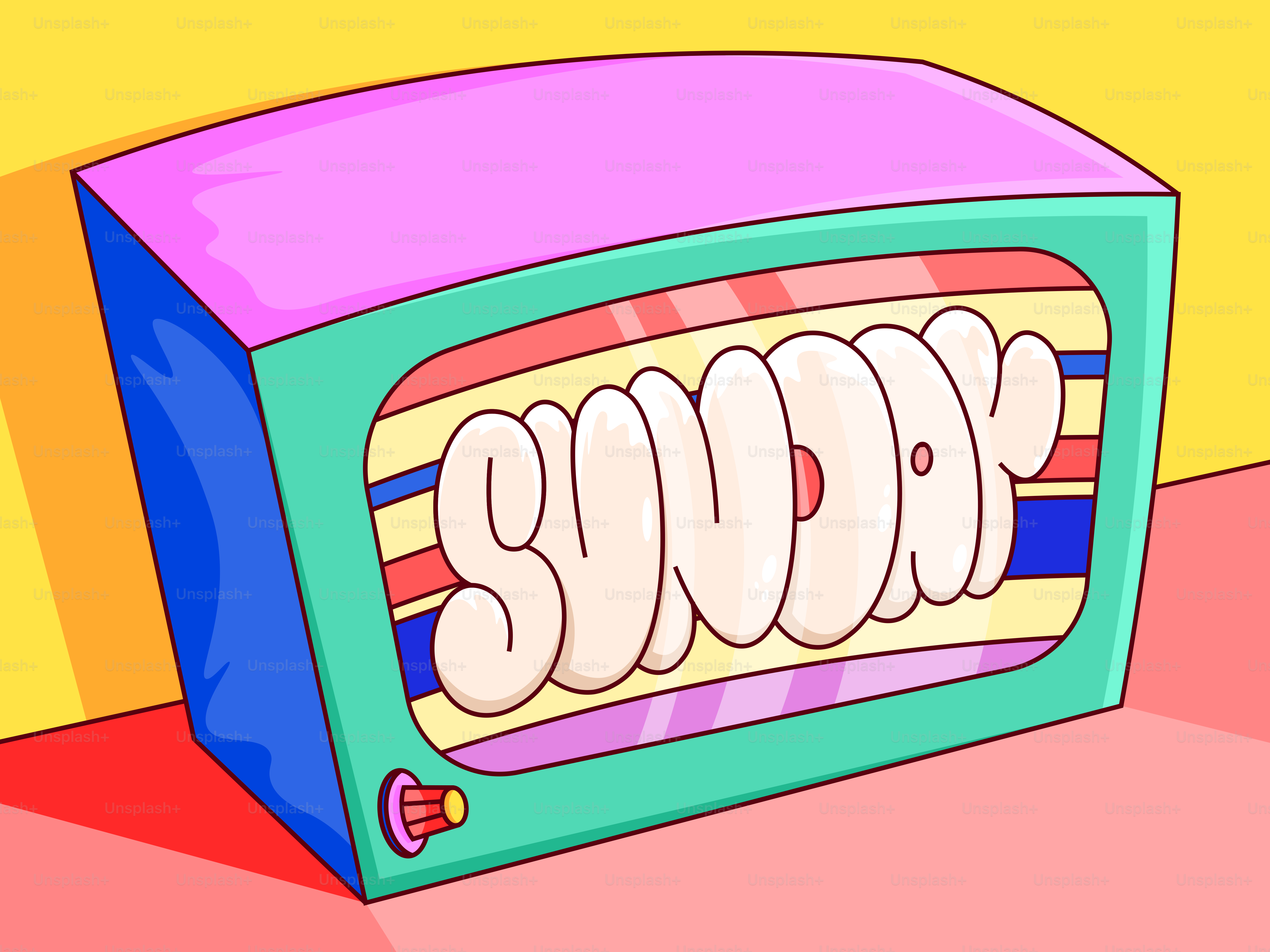 Retro television displaying "sunday" in colorful text.