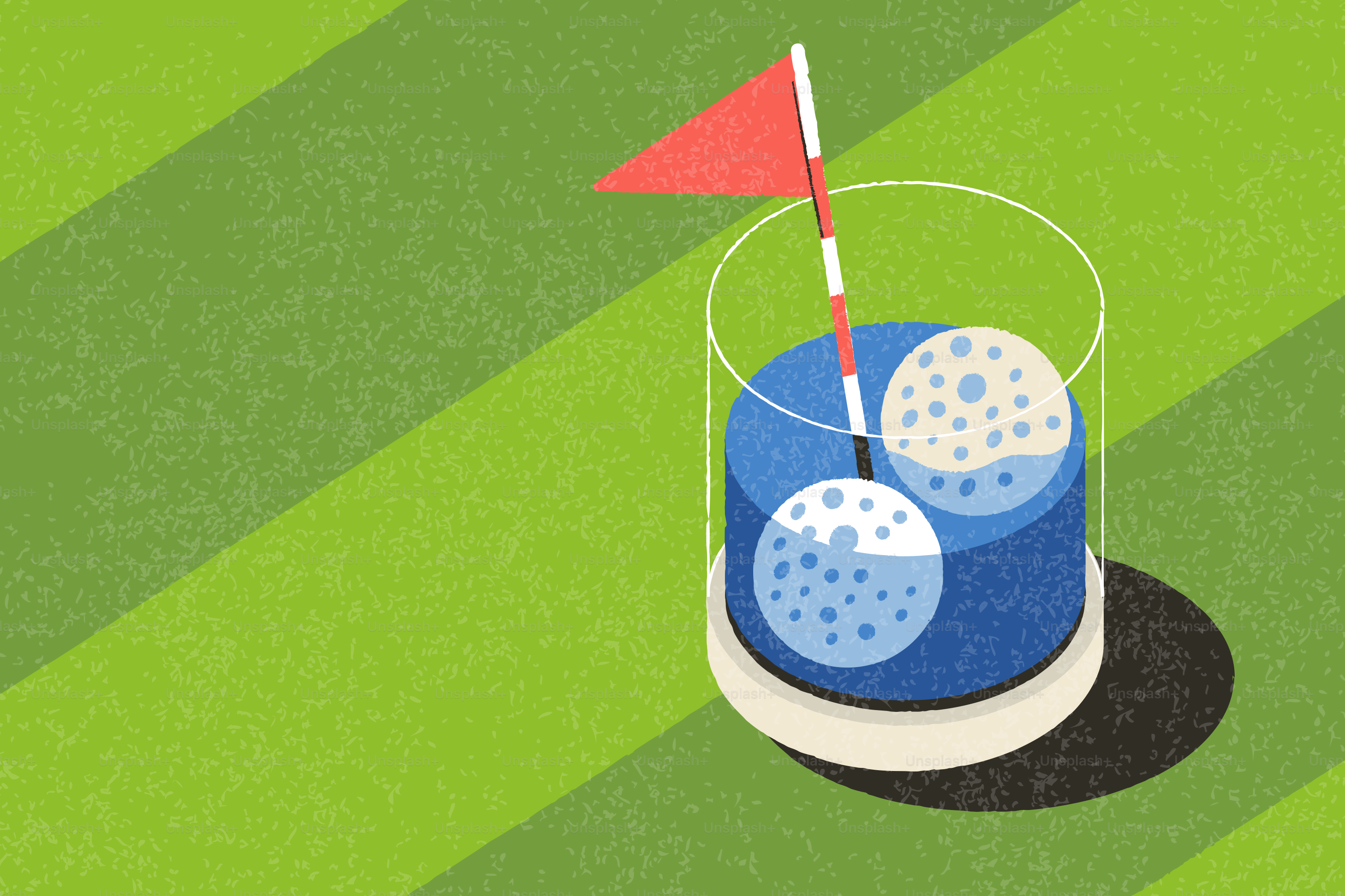 Golf balls and flag in a glass of blue liquid