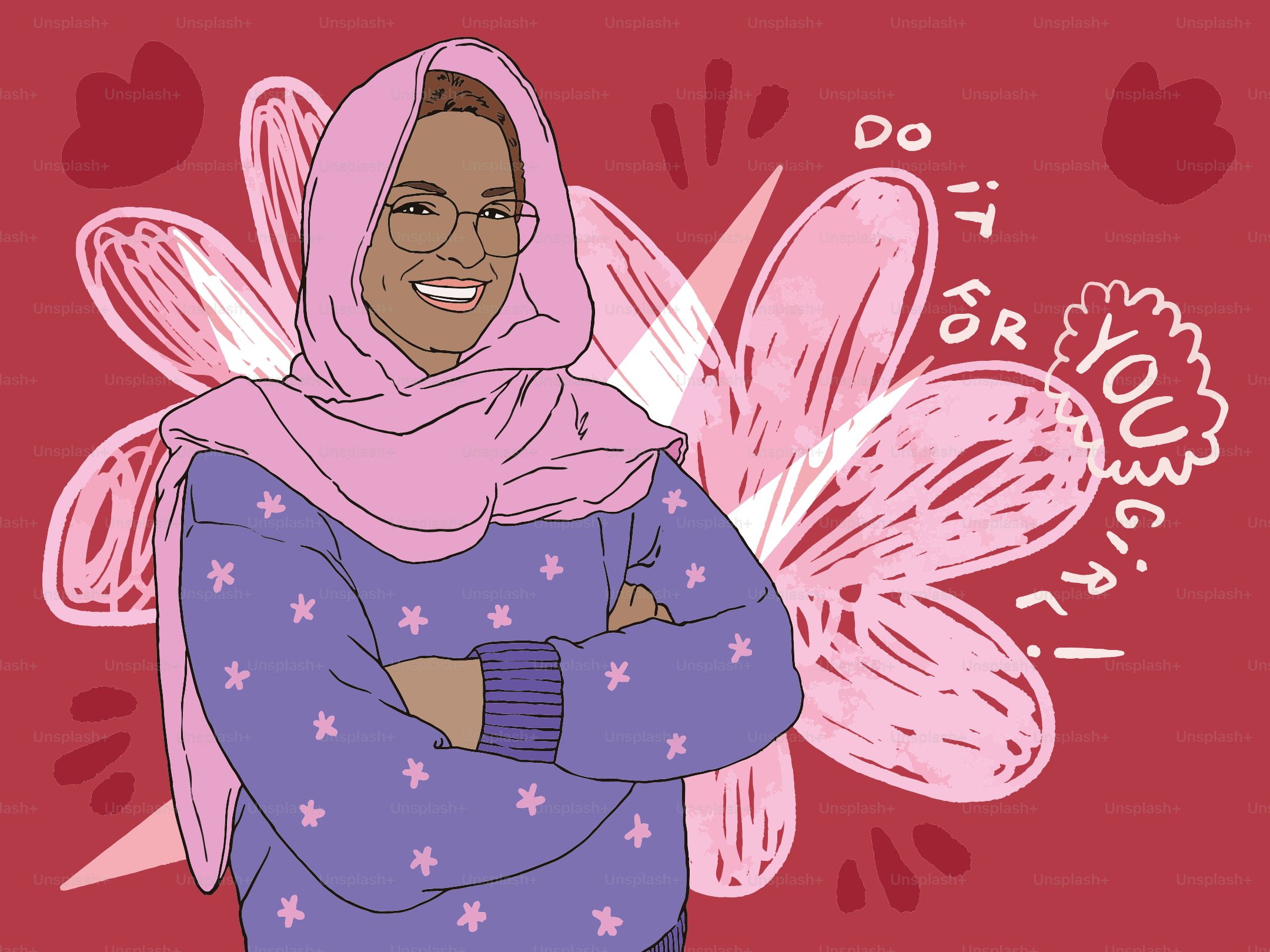 A smiling woman in a hijab with arms crossed.