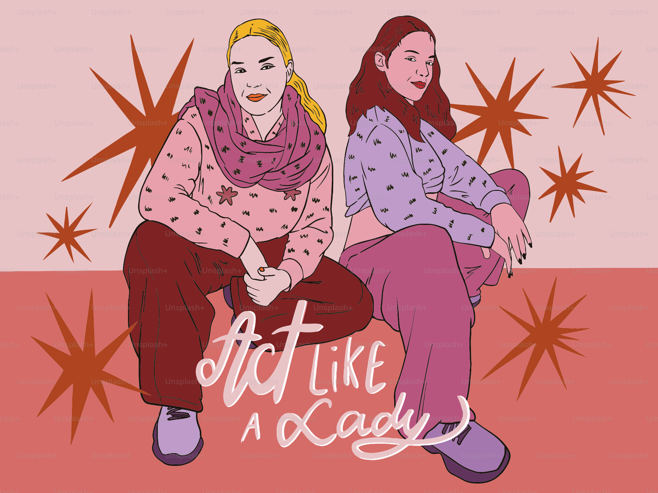 Two women posing with "act like a lady" text.