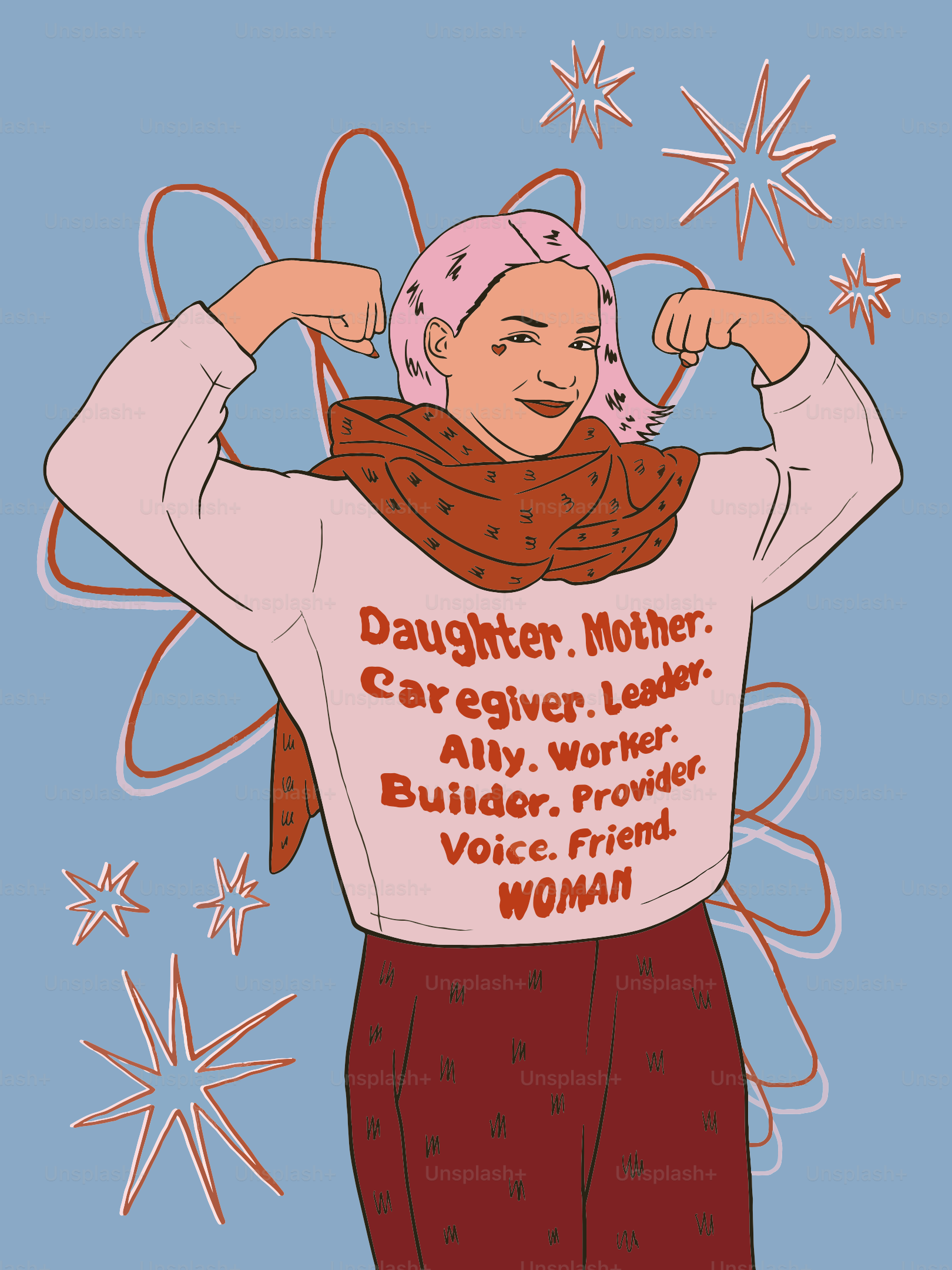 Wanita melenturkan, mengenakan sweter dengan peran pemberdayaan terdaftar.